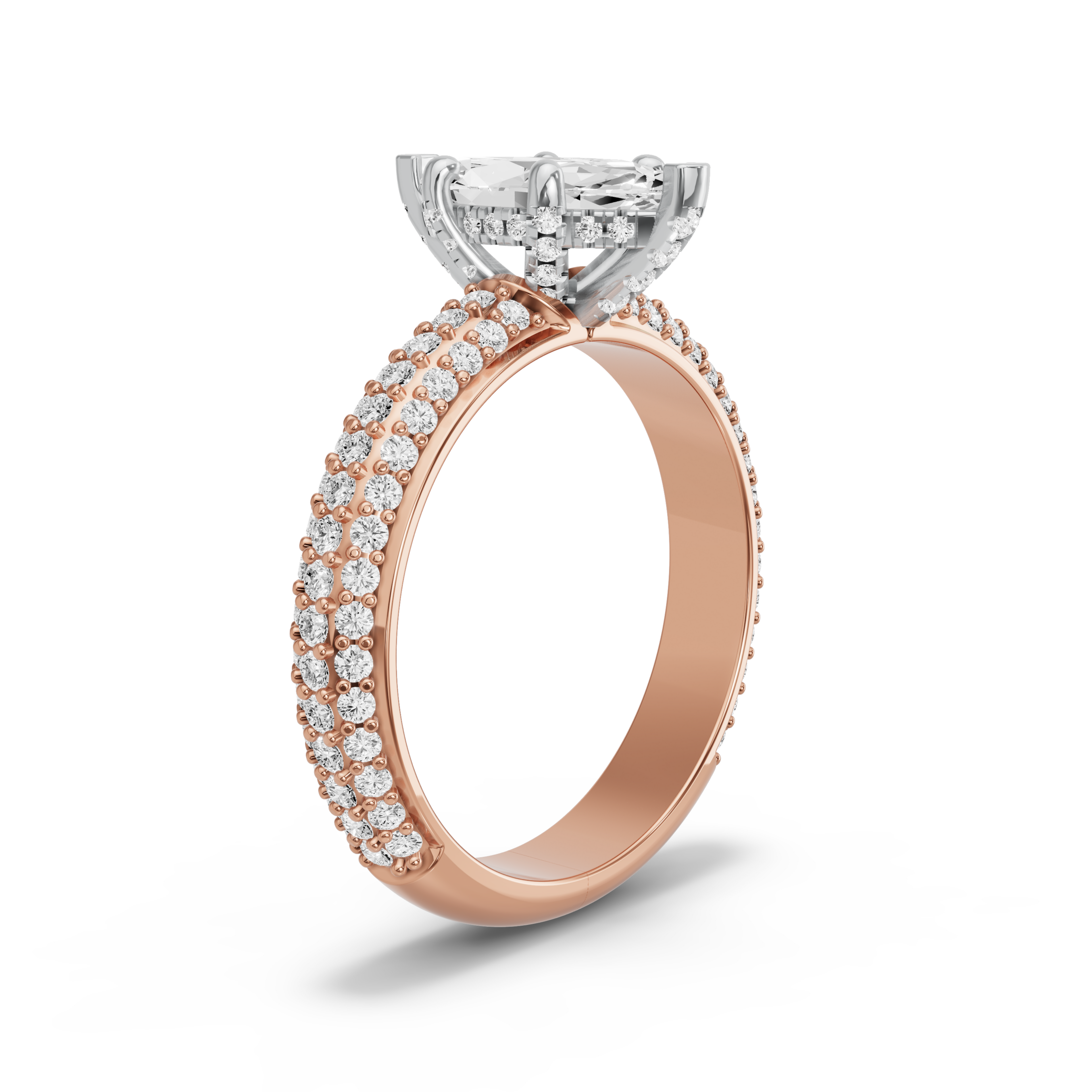 Image for Marquise Pave Basket Ring with Triple Row Pave band in 10K Two Tone Rose Gold