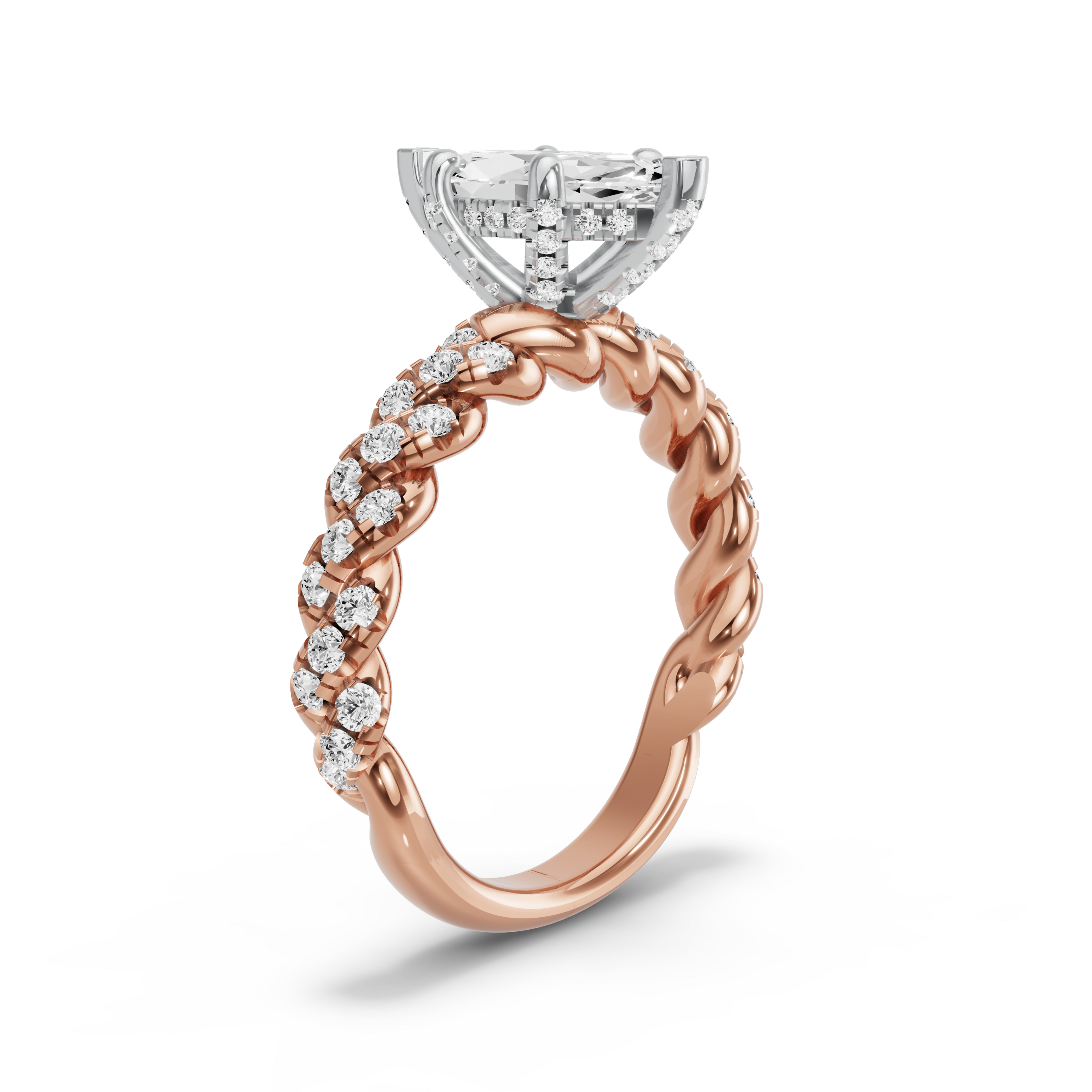 Image for Marquise Pave Basket Ring with Twist Pave band in 10K Two Tone Rose Gold