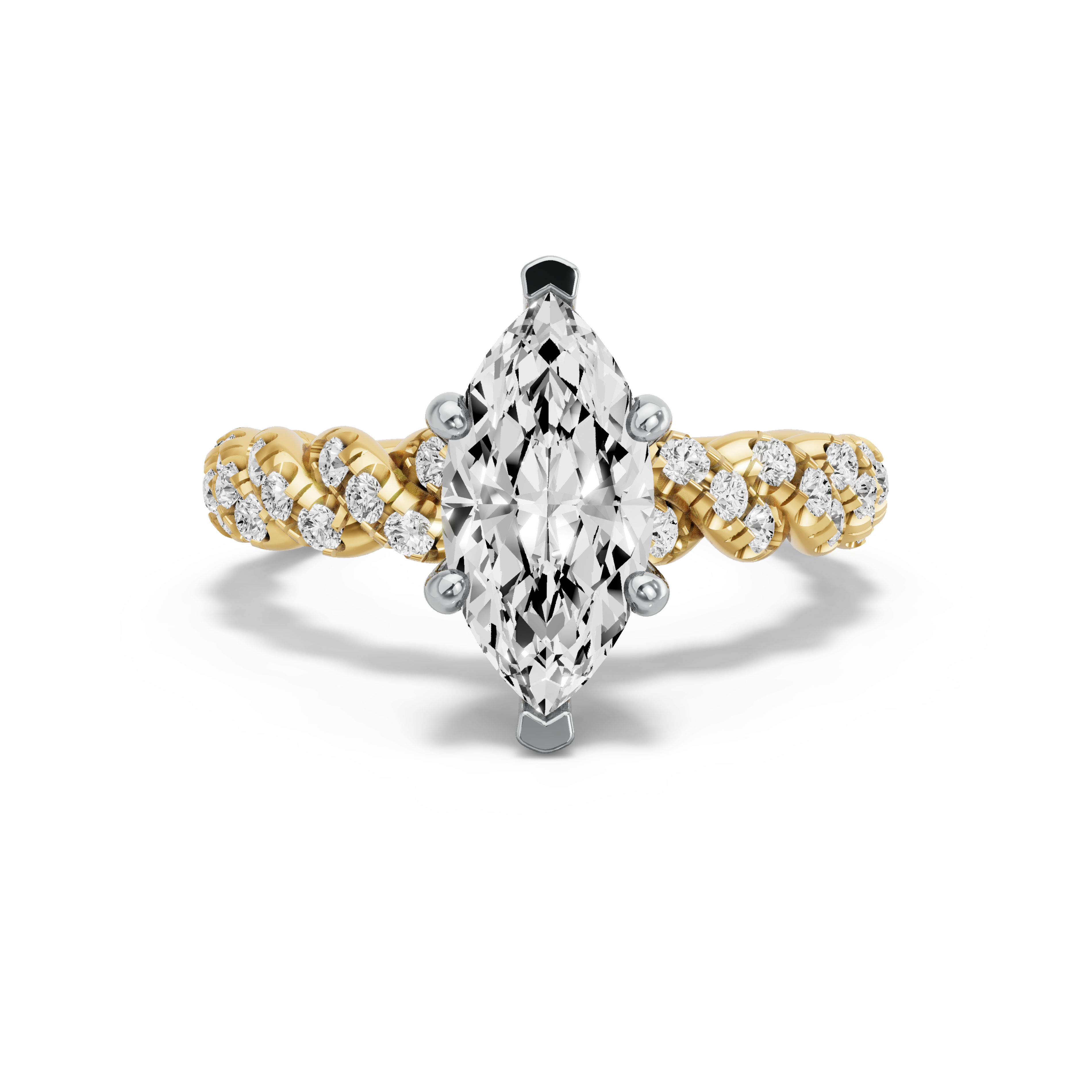 Image for Marquise Pave Basket Ring with Twist Pave band in 18K Two Tone Yellow Gold