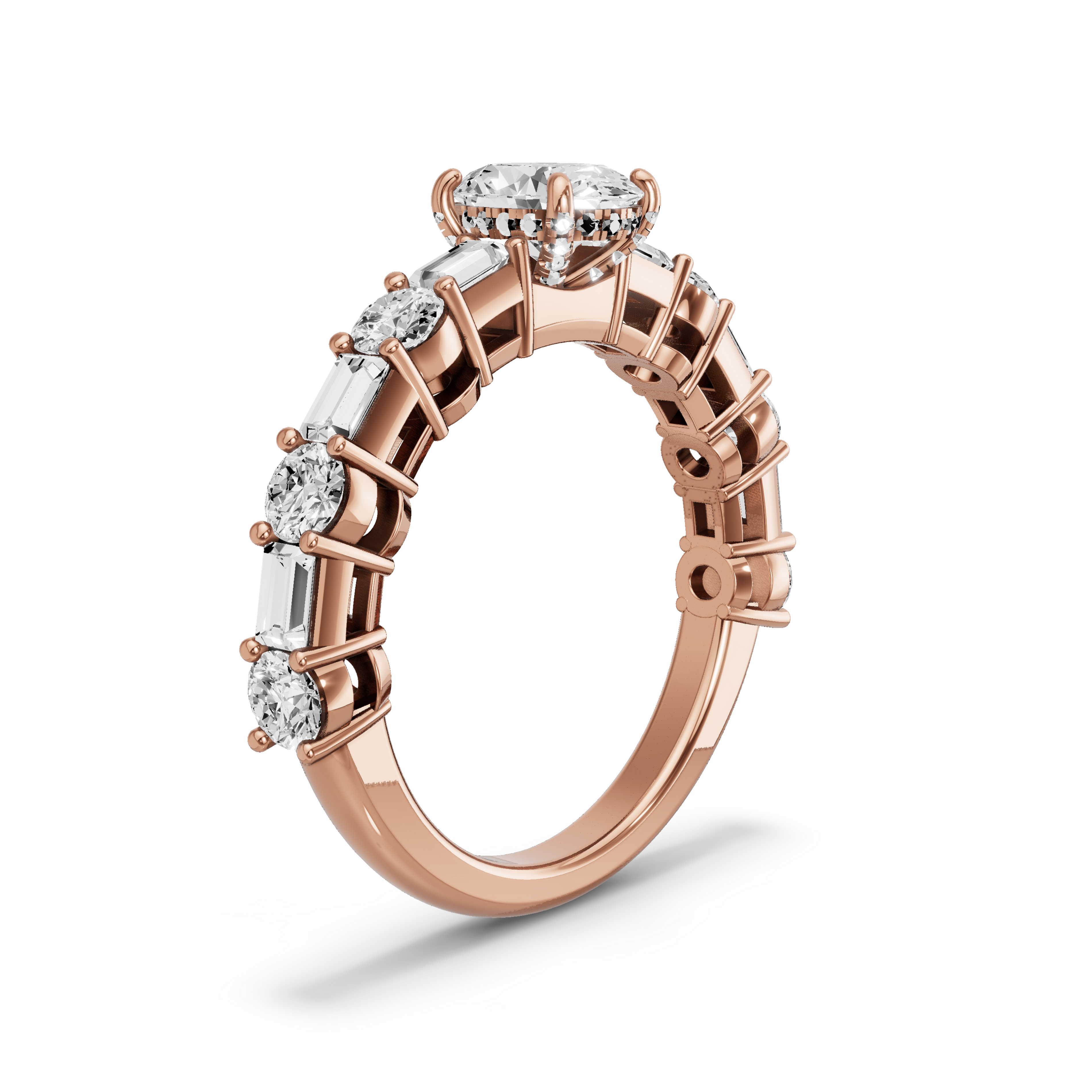 Image for Oval Pave Basket Ring with Alternating Baguette band in 14K Rose Gold