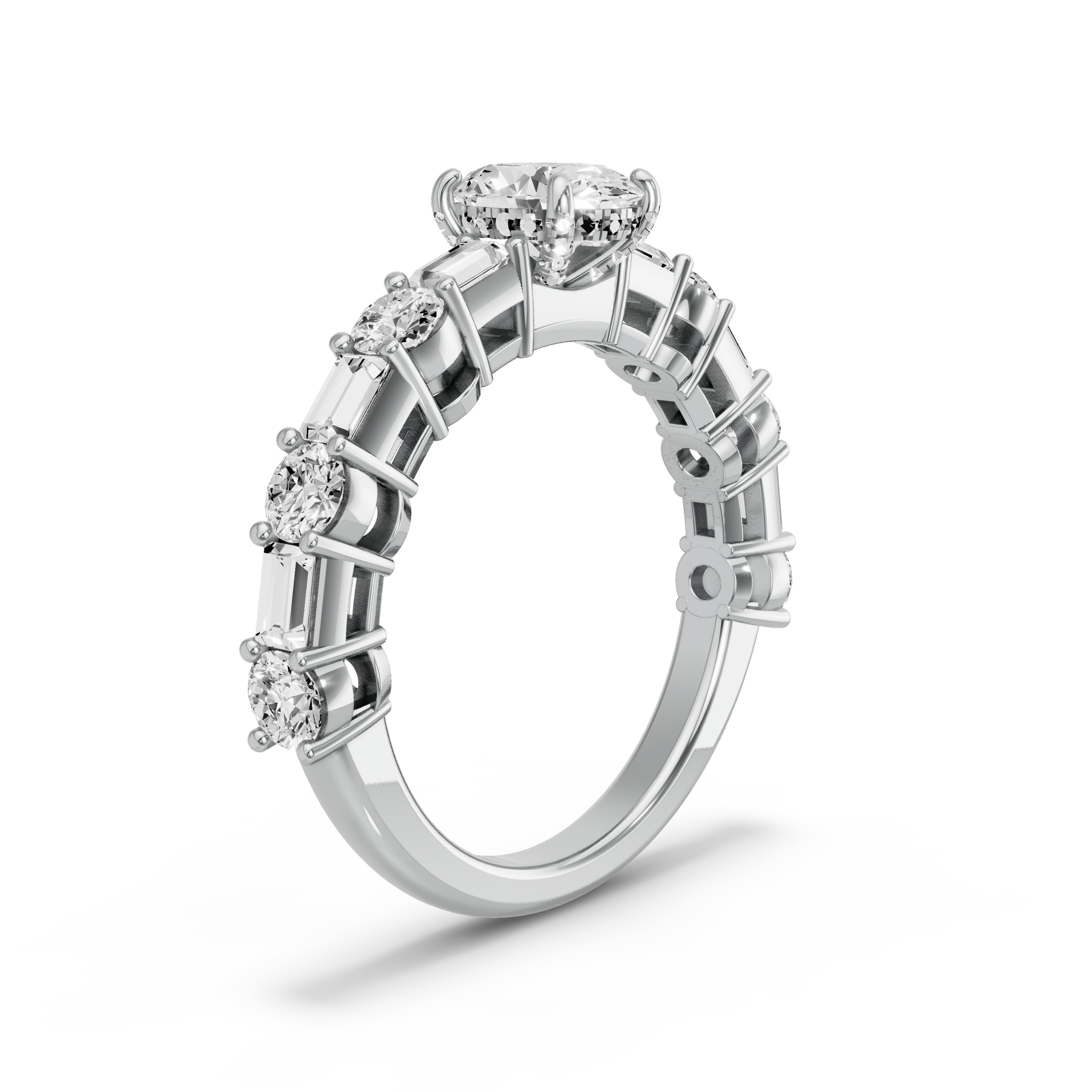 Image for Oval Pave Basket Ring with Alternating Baguette band in 18K White Gold