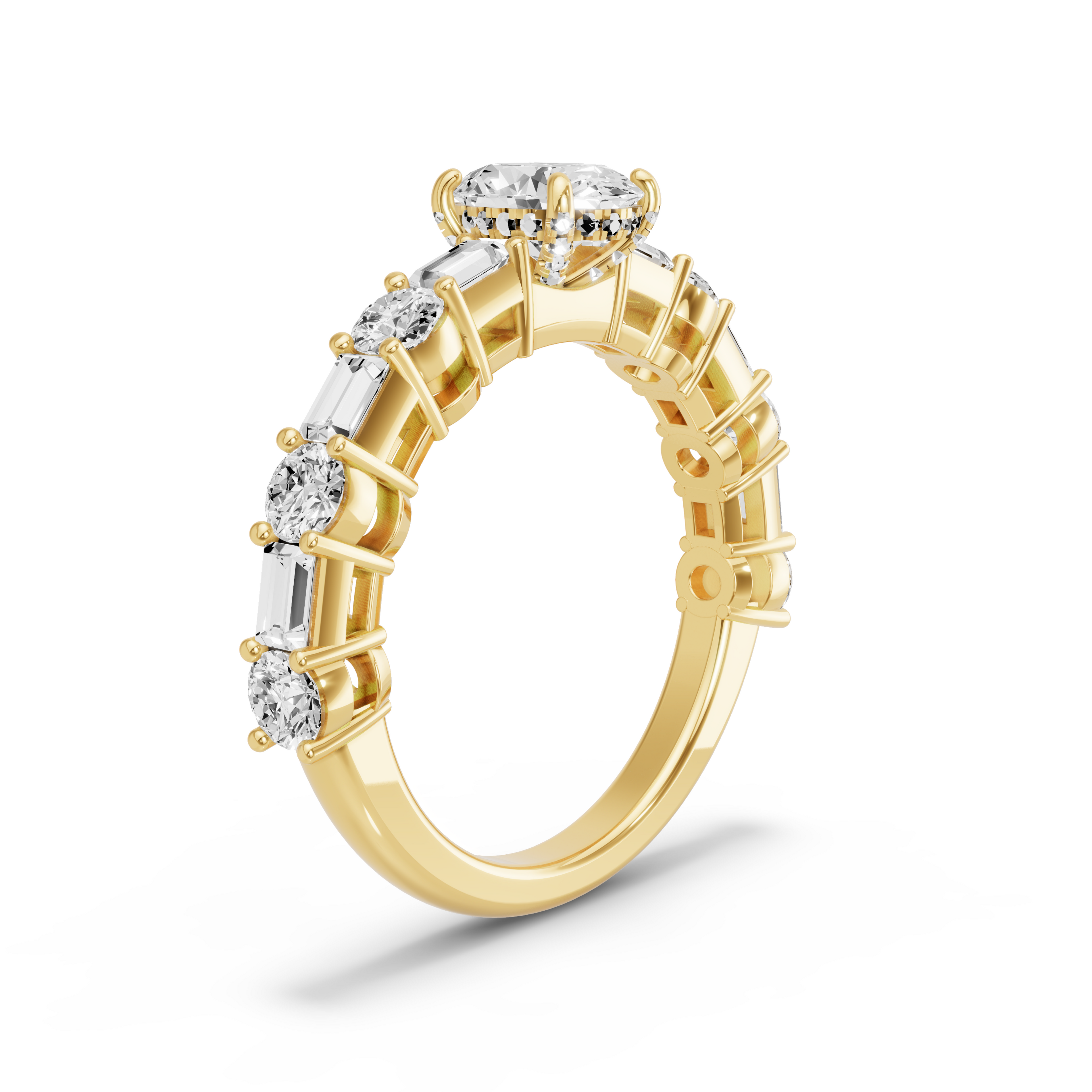 Image for Oval Pave Basket Ring with Alternating Baguette band in 14K Yellow Gold
