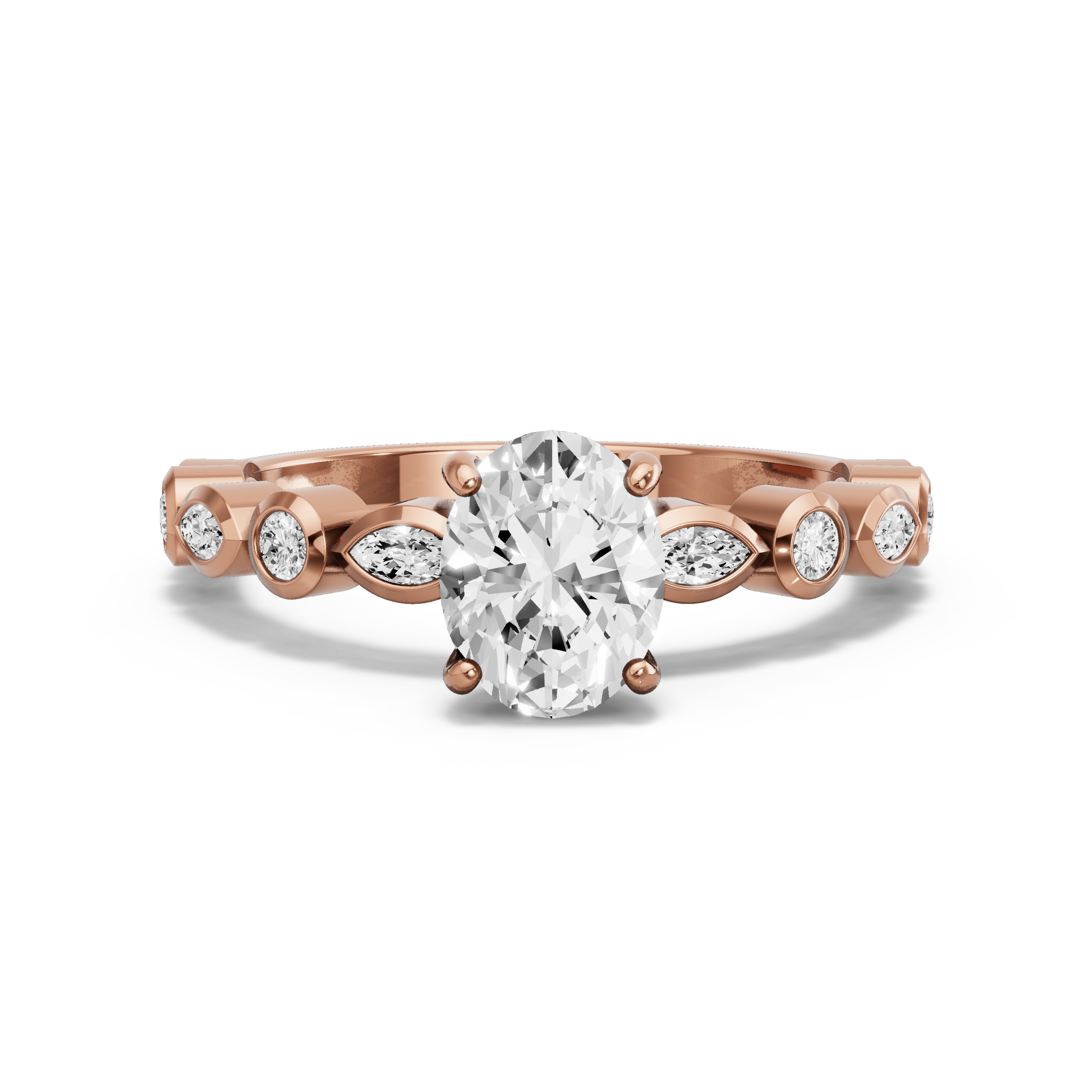 Image for Oval Pave Basket Ring with Alternating Marquise band in 18K Rose Gold