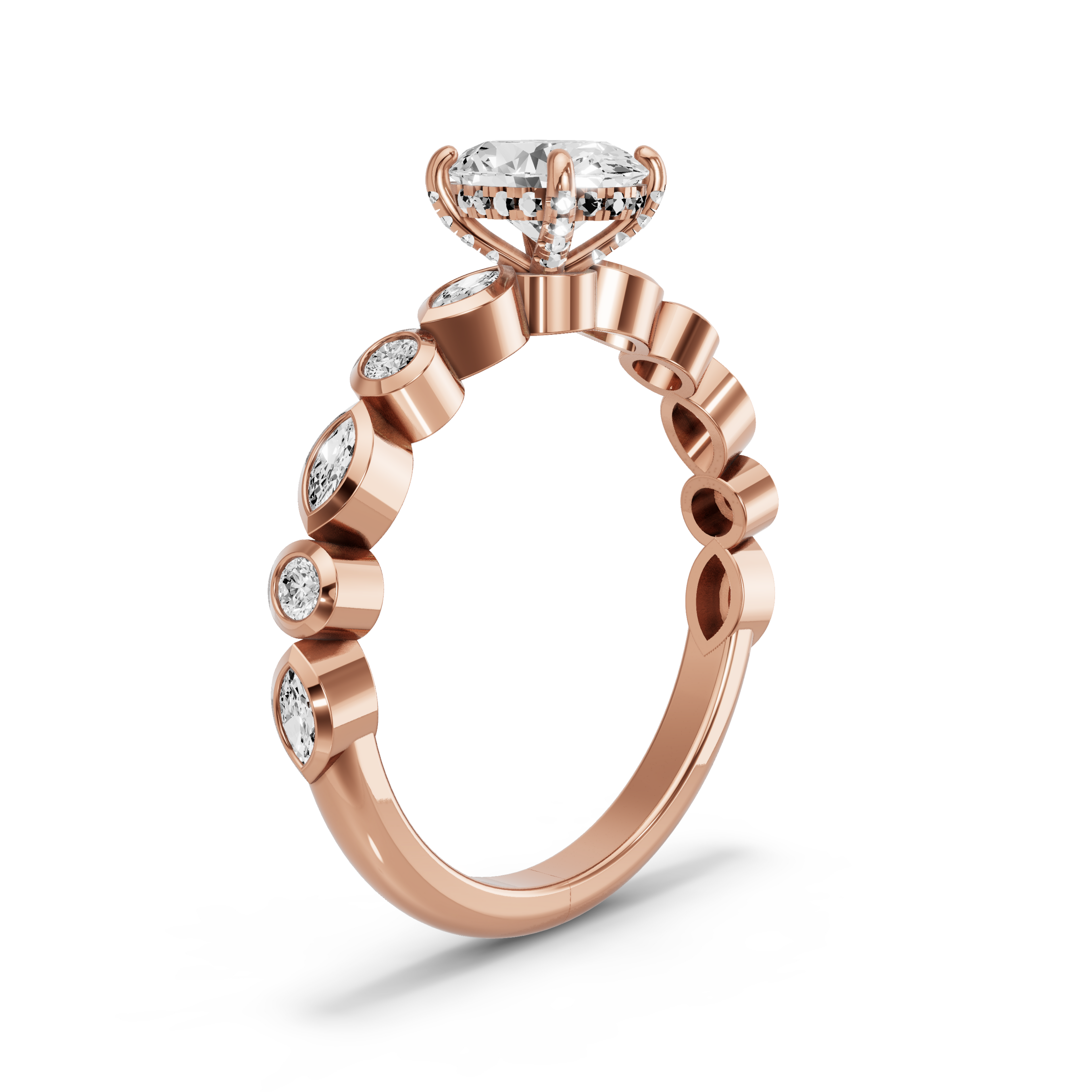 Image for Oval Pave Basket Ring with Alternating Marquise band in 10K Rose Gold