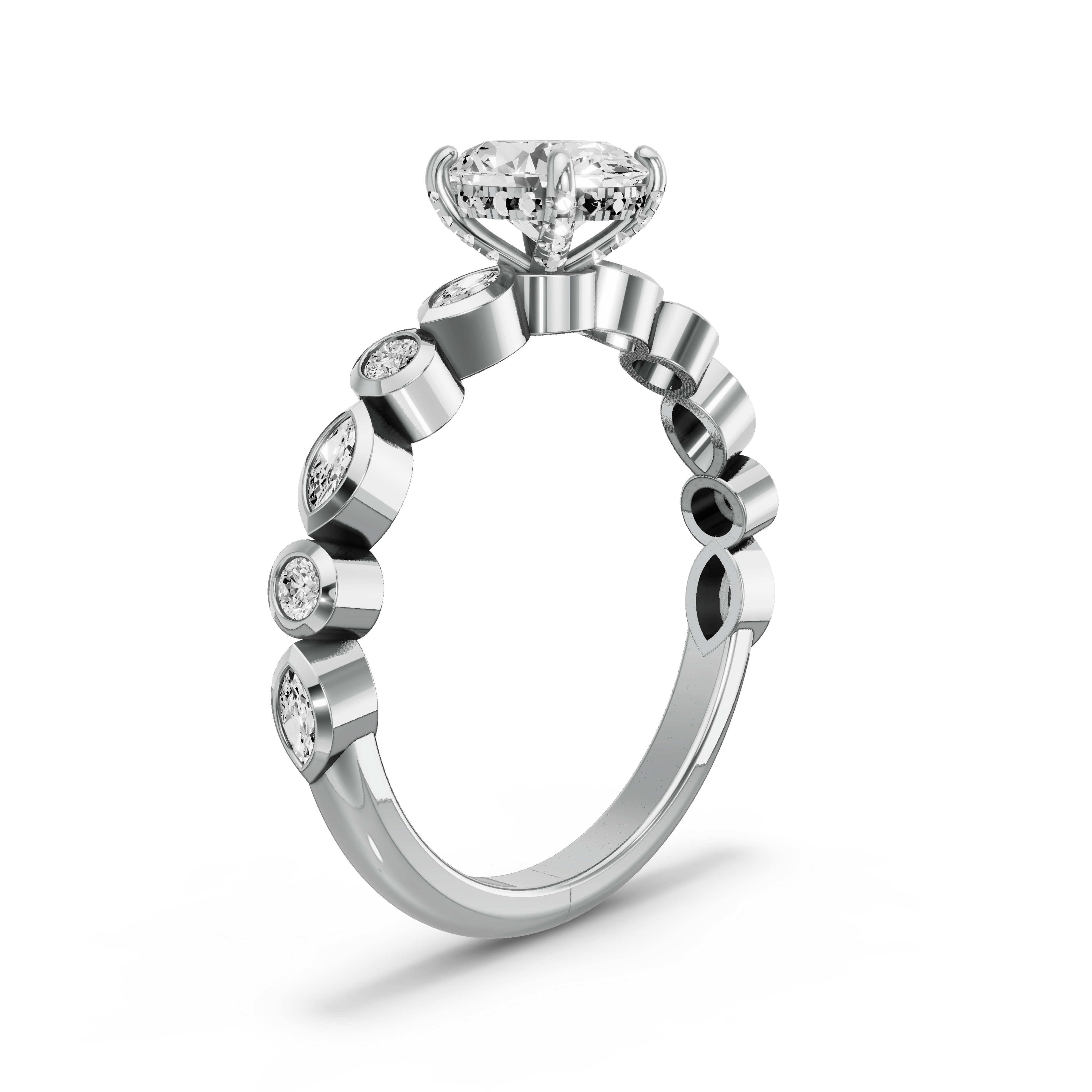 Image for Oval Pave Basket Ring with Alternating Marquise band in 14K White Gold