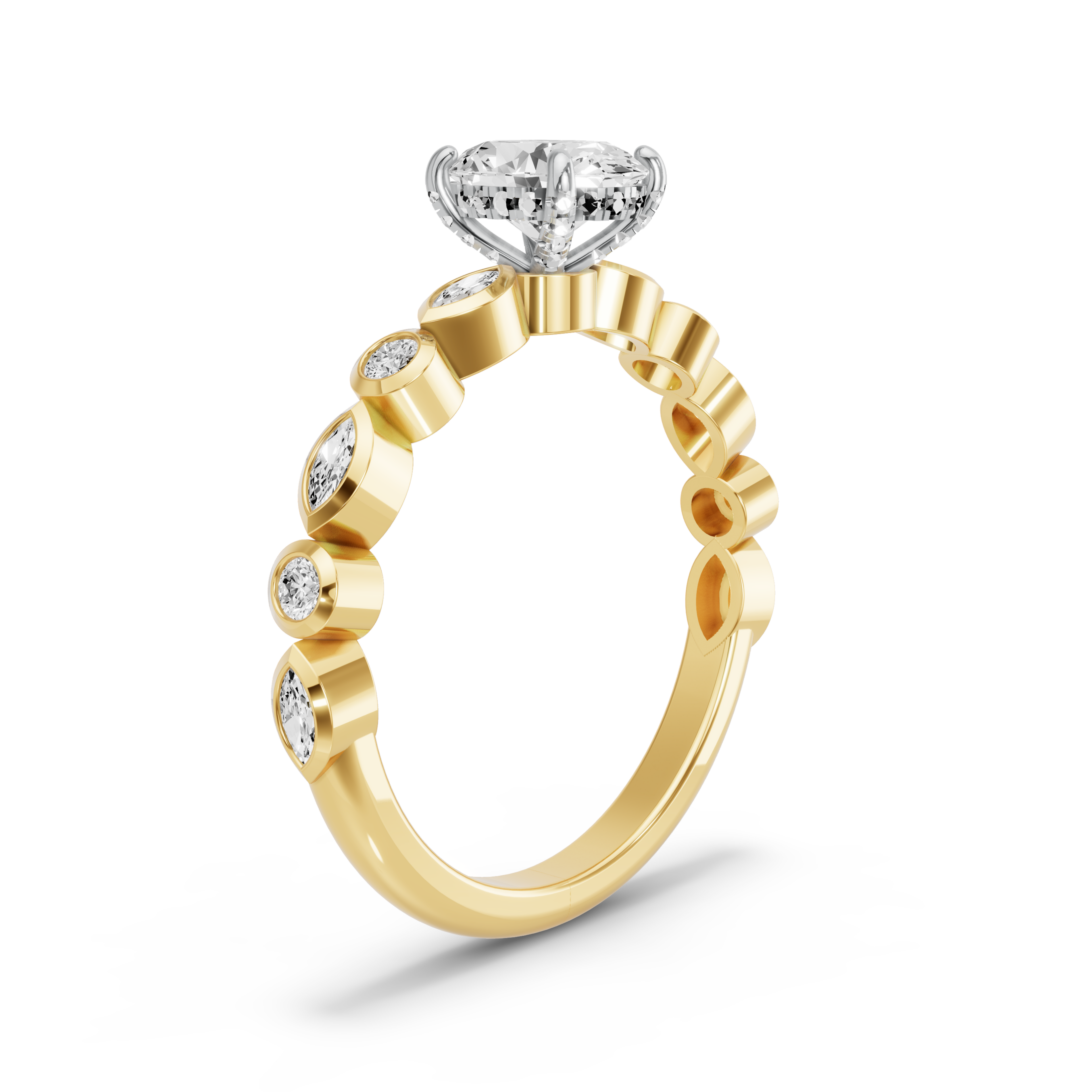Image for Oval Pave Basket Ring with Alternating Marquise band in 18K Two Tone Yellow Gold