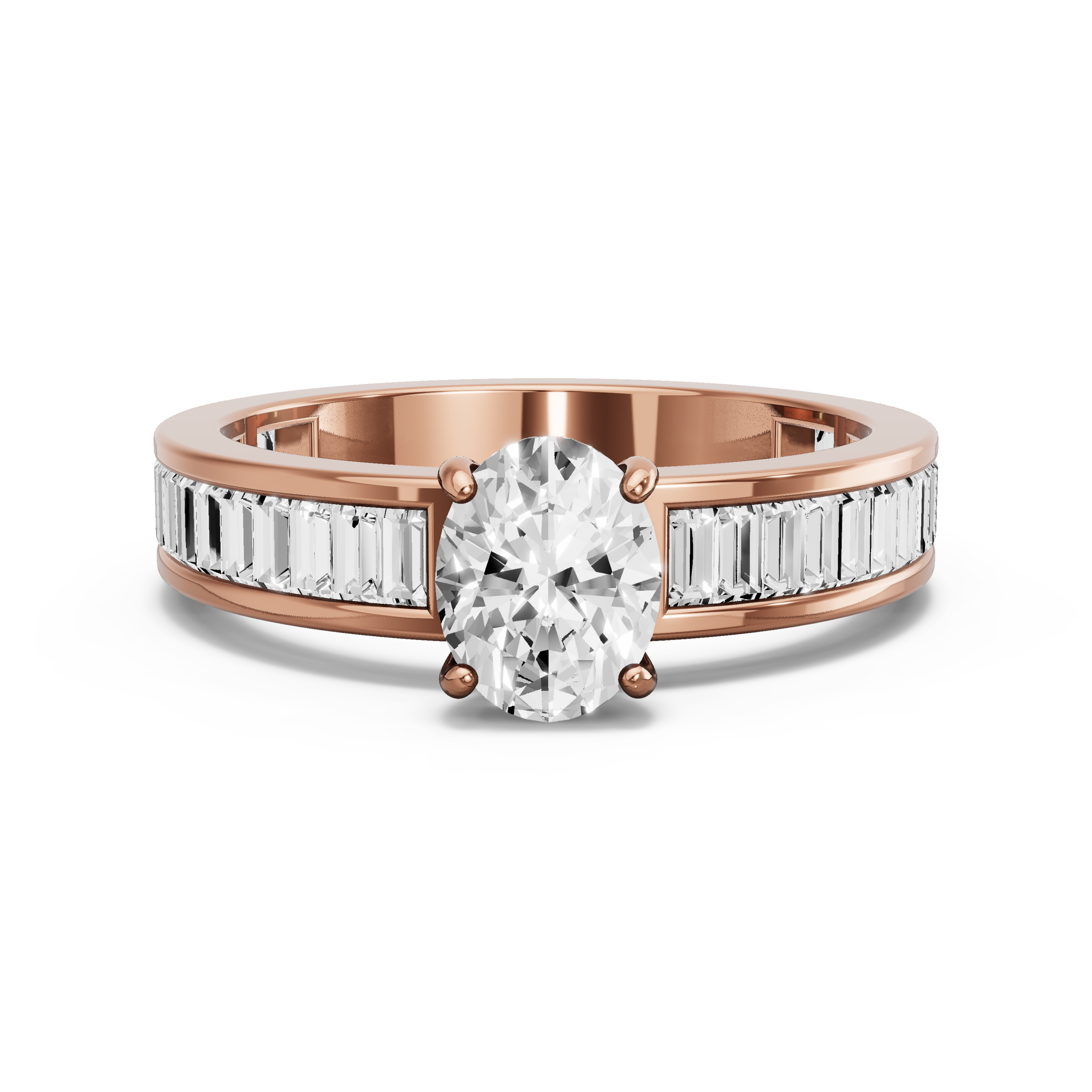 Image for Oval Pave Basket Ring with Baguette Channel band in 14K Rose Gold