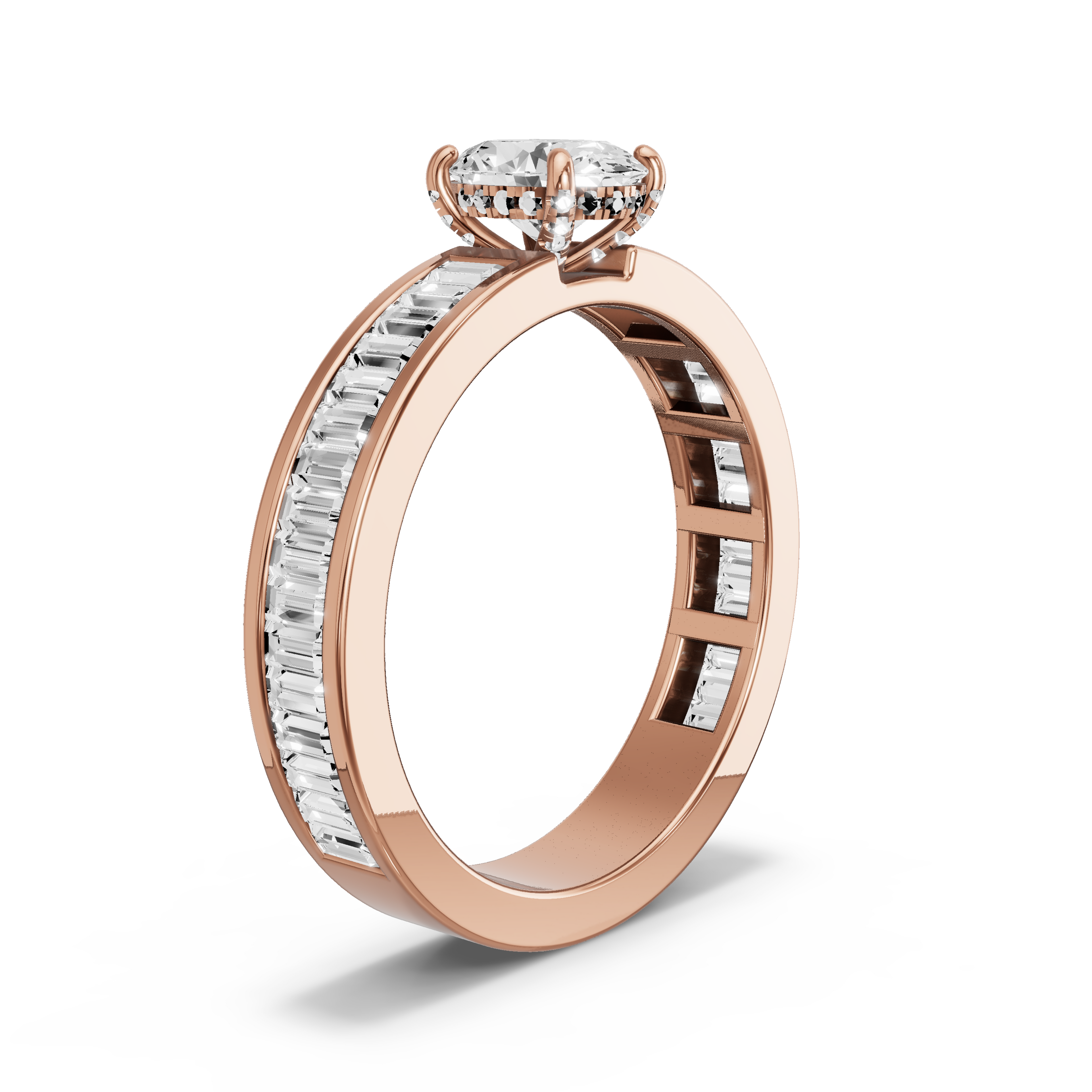 Image for Oval Pave Basket Ring with Baguette Channel band in 18K Rose Gold