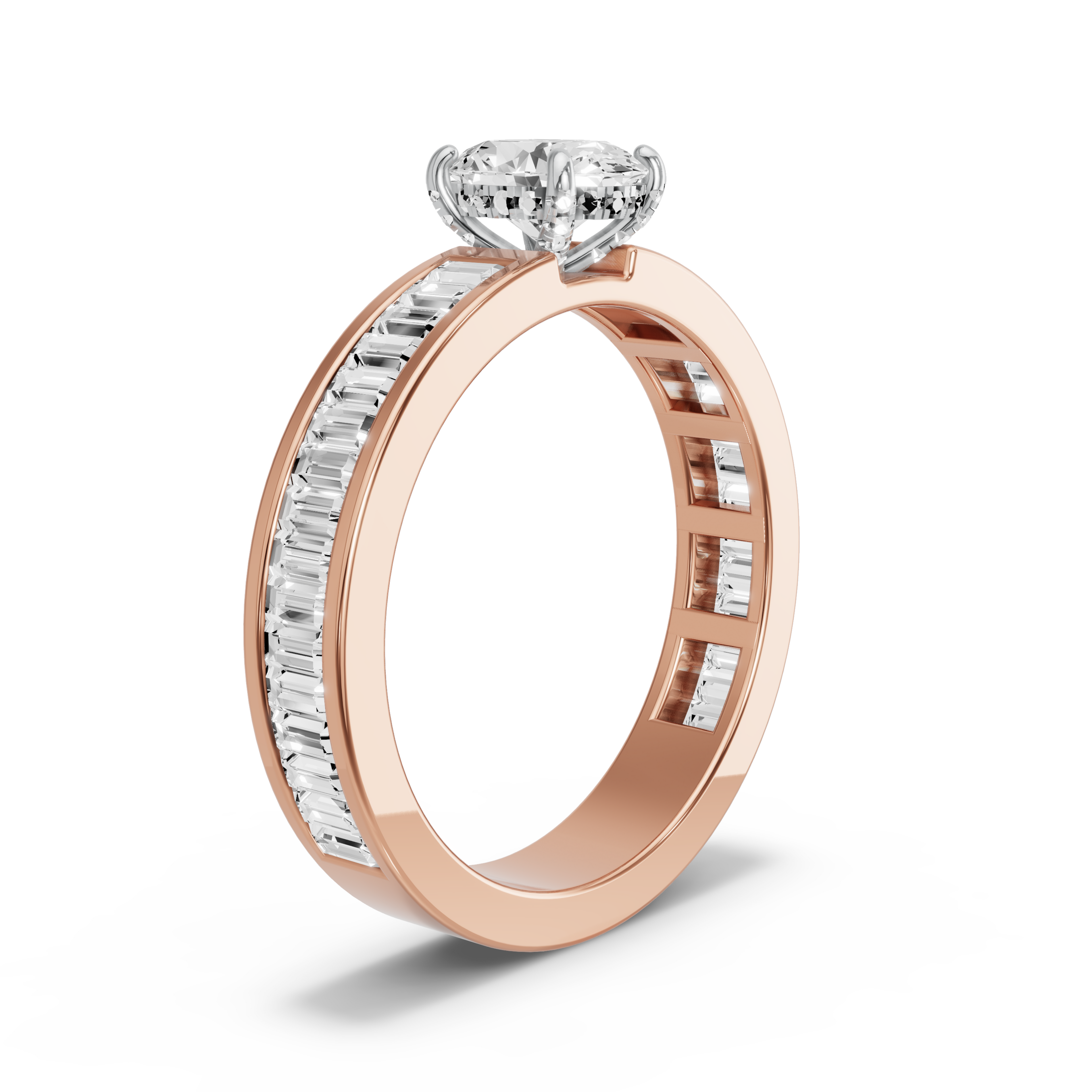 Image for Oval Pave Basket Ring with Baguette Channel band in 14K Two Tone Rose Gold