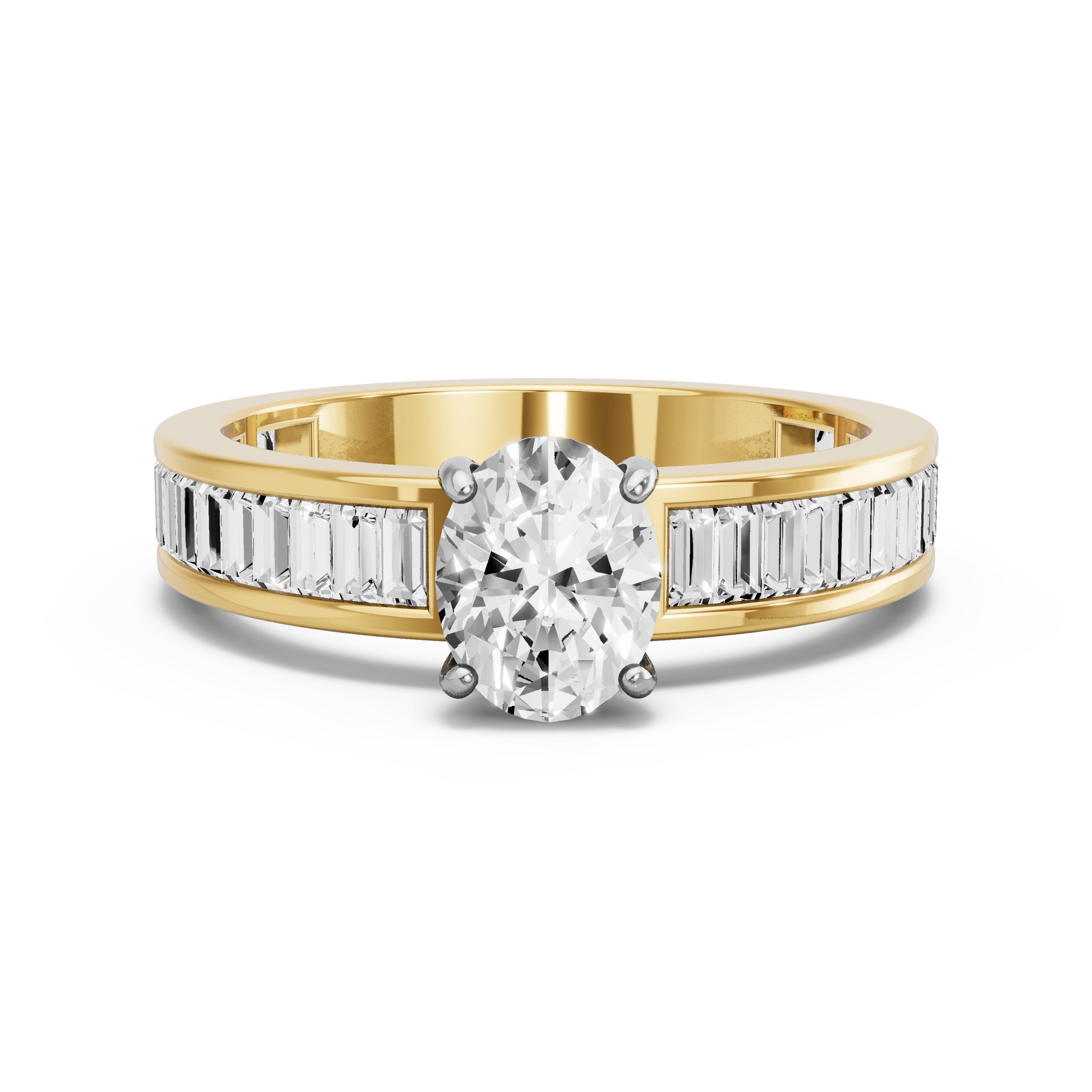 Image for Oval Pave Basket Ring with Baguette Channel band in 18K Two Tone Yellow Gold