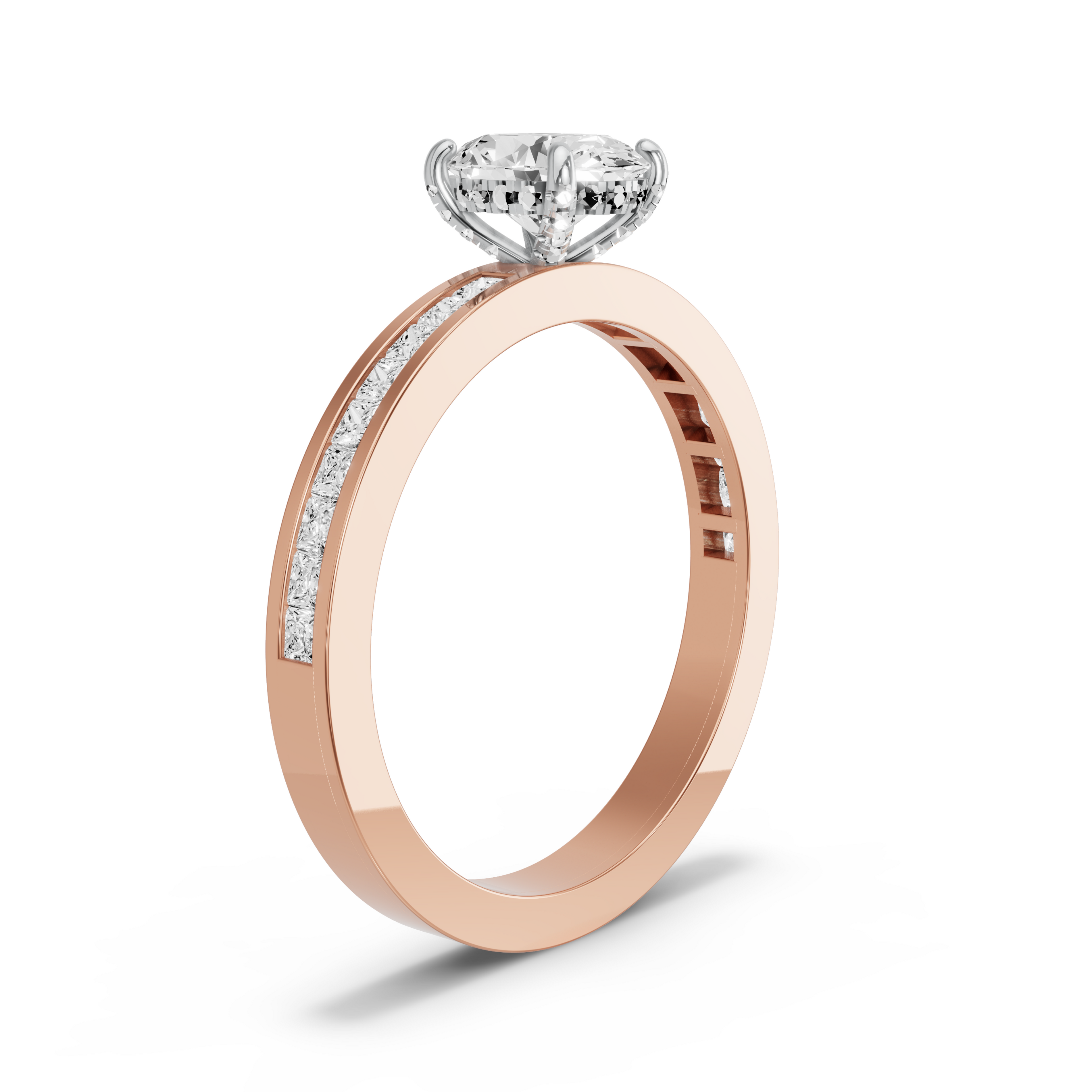 Image for Oval Pave Basket Ring with Channel band in 18K Two Tone Rose Gold