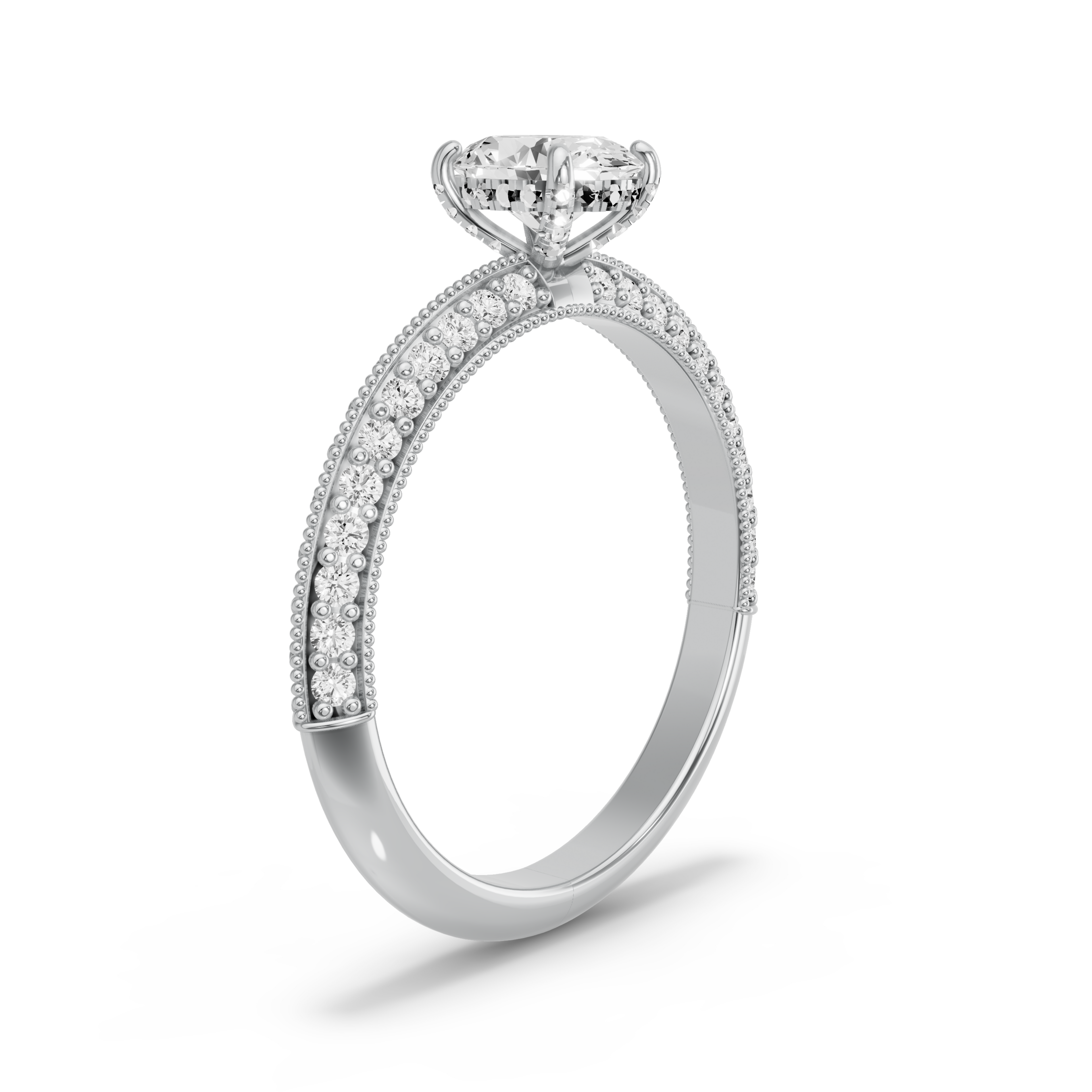 Image for Oval Pave Basket Ring with Knife Edge Pave band in 18K White Gold