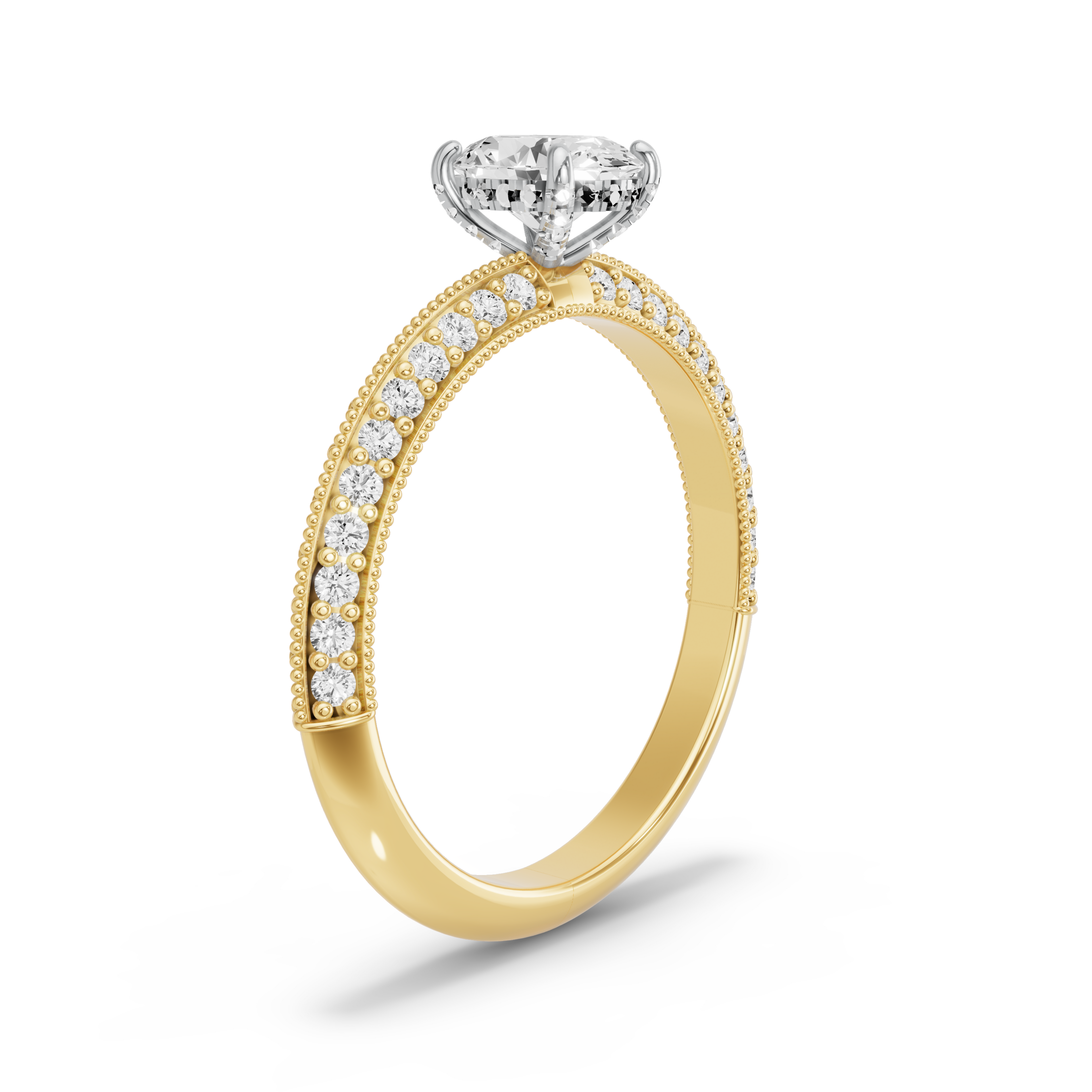 Image for Oval Pave Basket Ring with Knife Edge Pave band in 18K Two Tone Yellow Gold