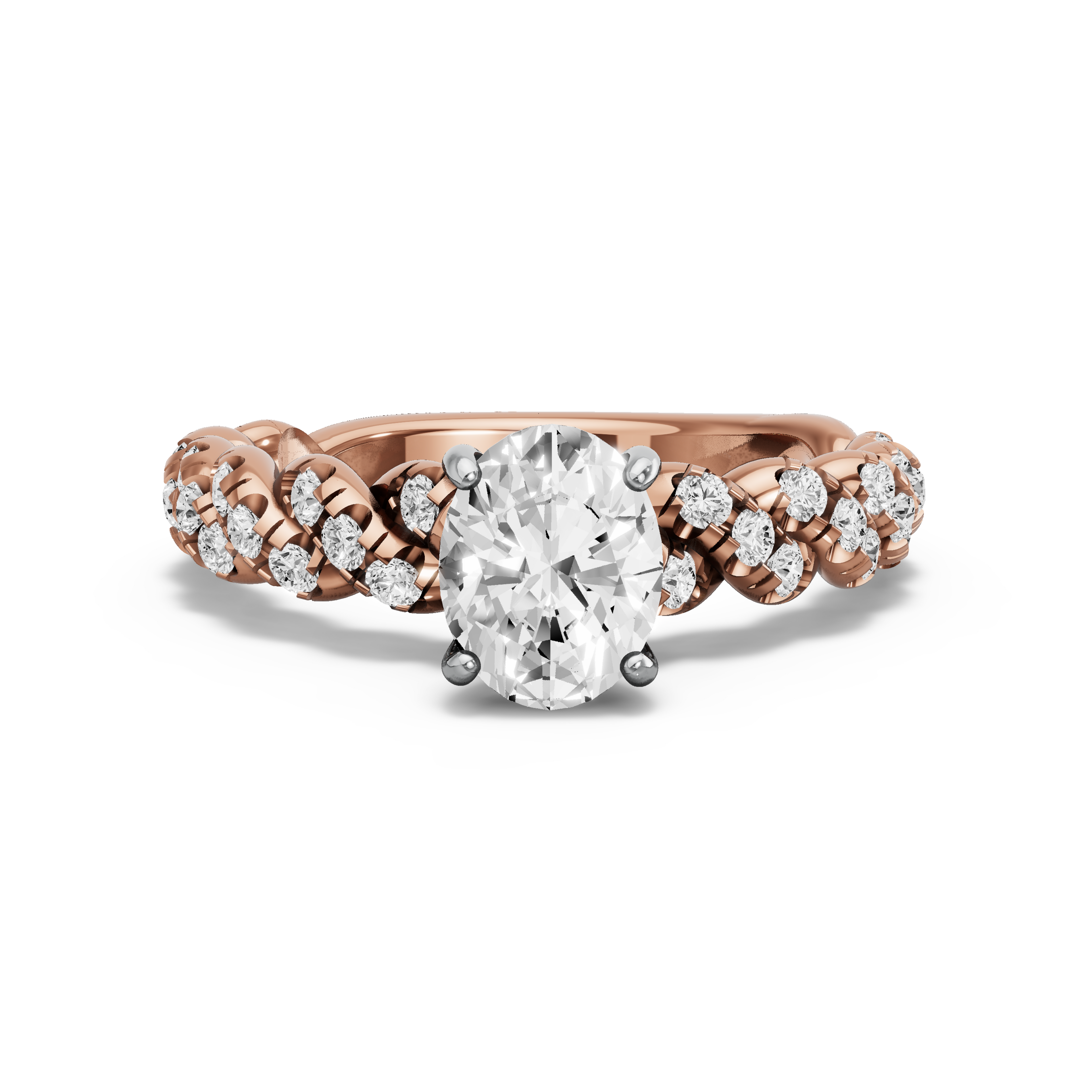 Image for Oval Pave Basket Ring with Twist Pave band in 18K Two Tone Rose Gold