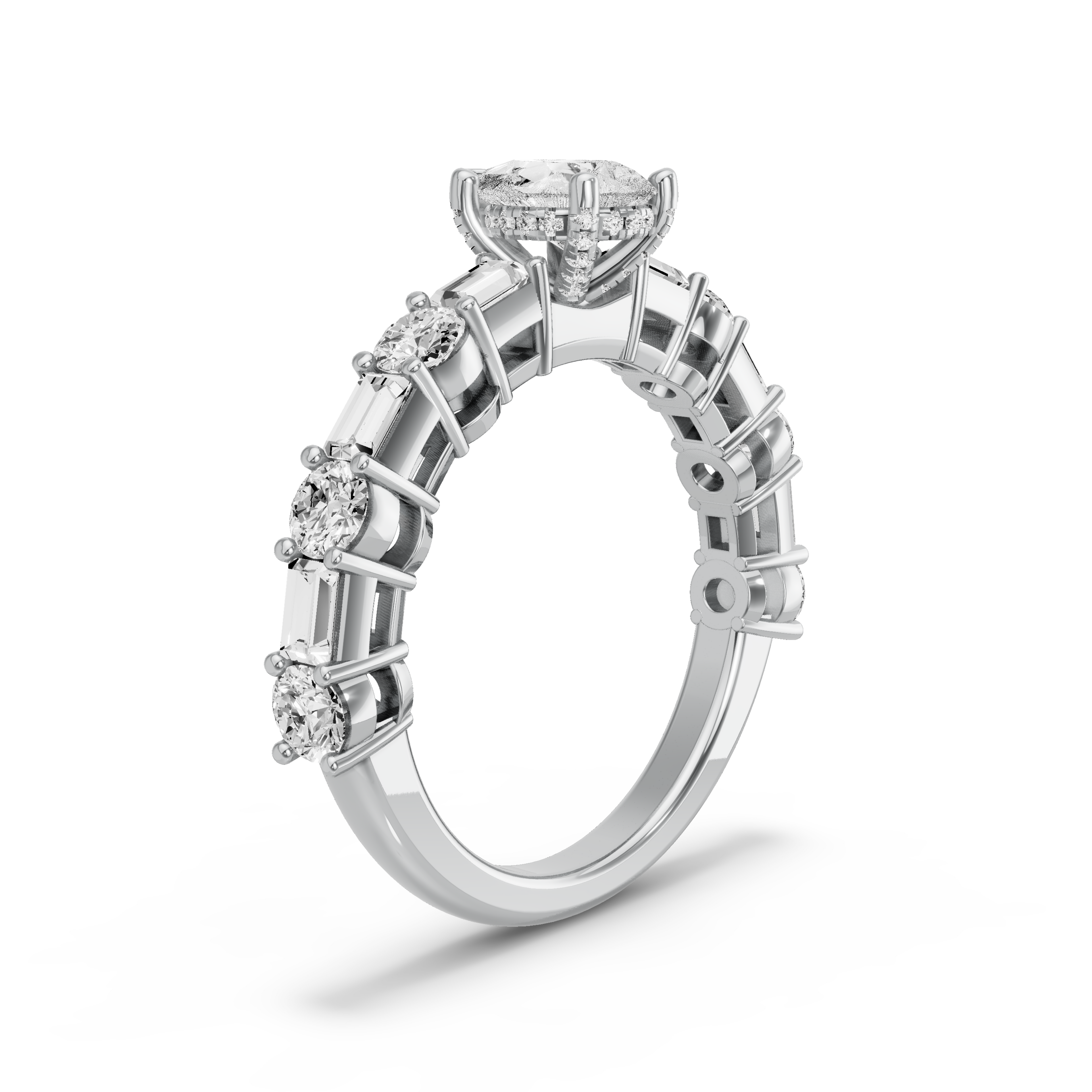 Image for pear-pave-basket-ring-with-alternating-baguette-band-in-14k-white-gold