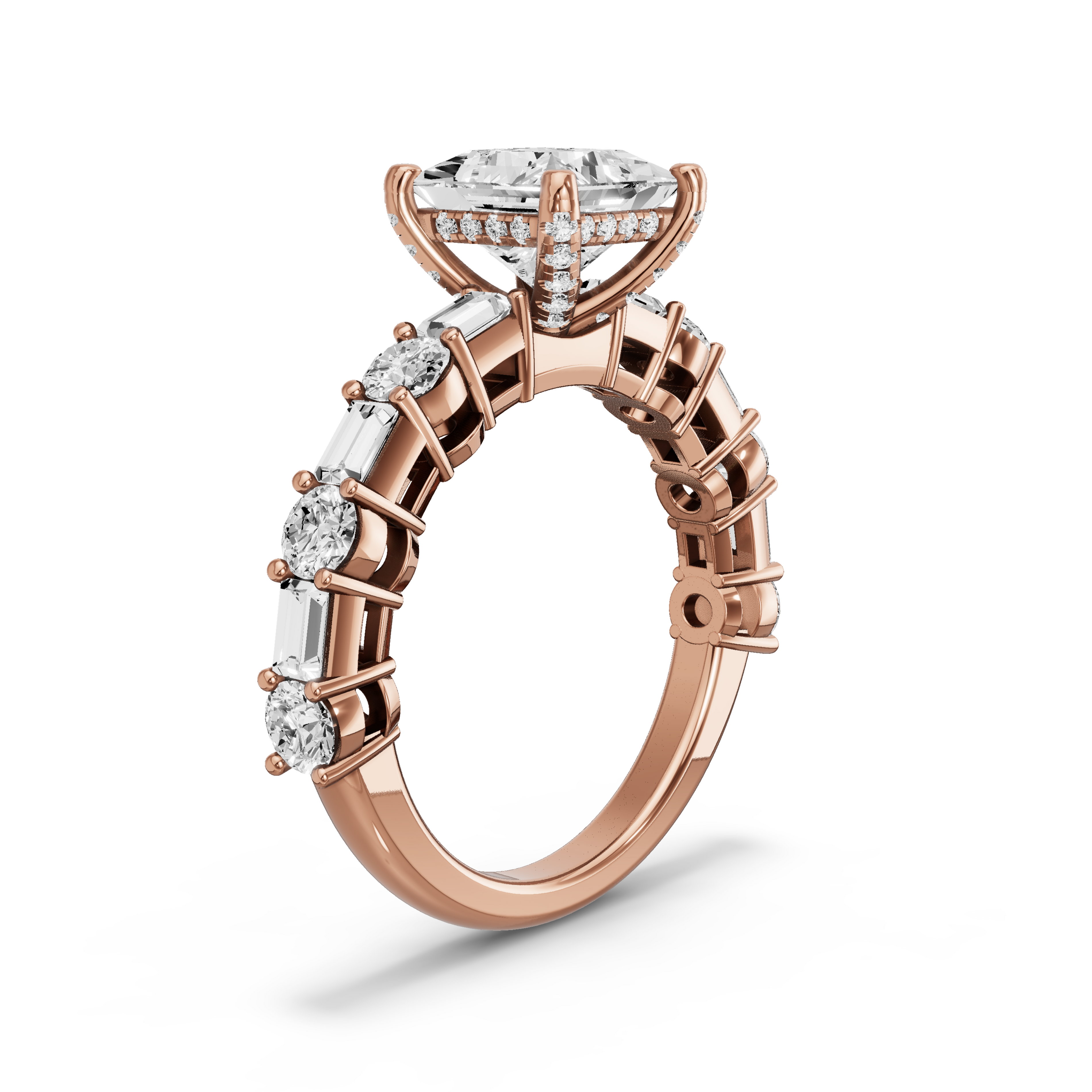 Image for Princess Pave Basket Ring with Alternating Baguette band in 14K Yellow Gold