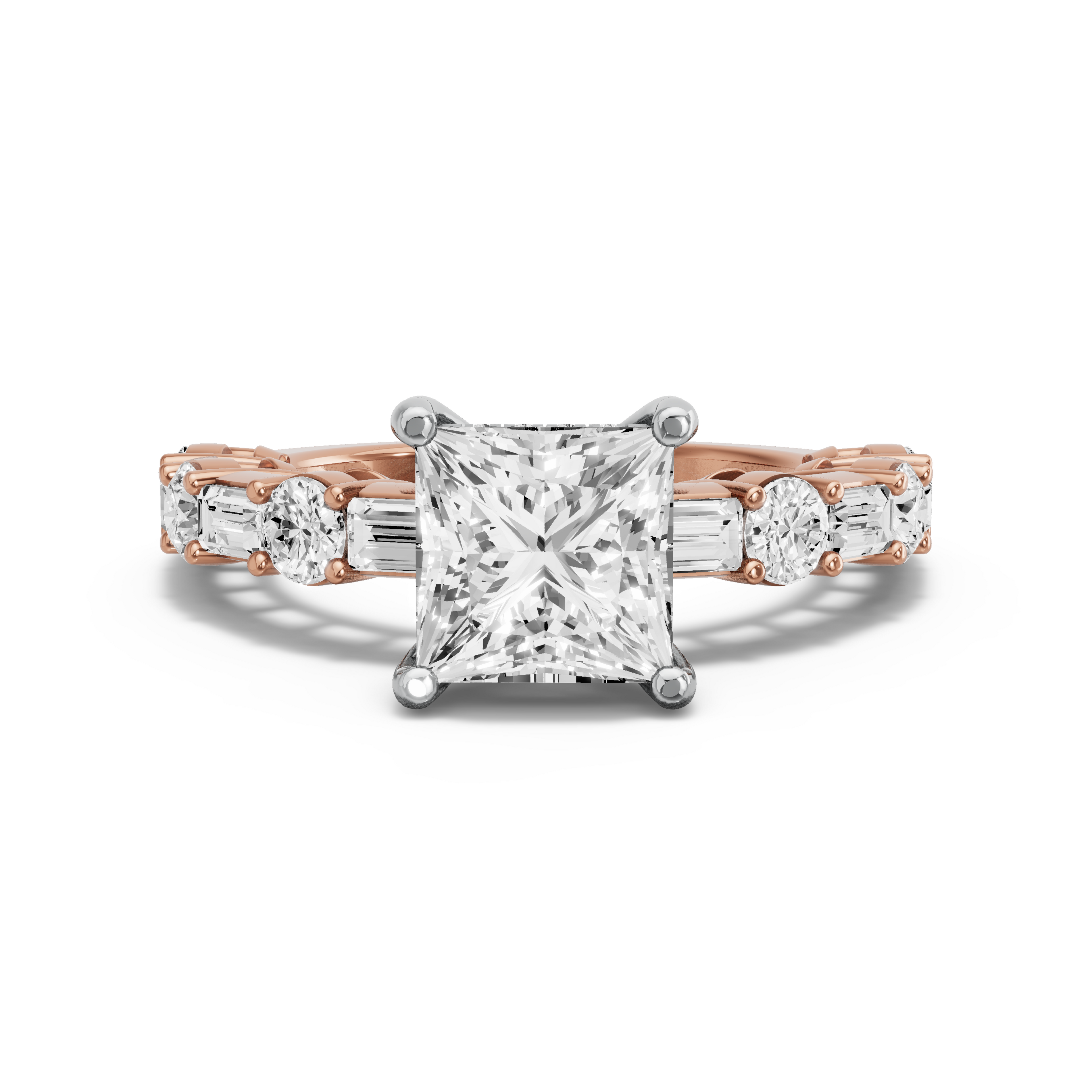 Image for Princess Pave Basket Ring with Alternating Baguette band in 14K Two Tone Yellow Gold