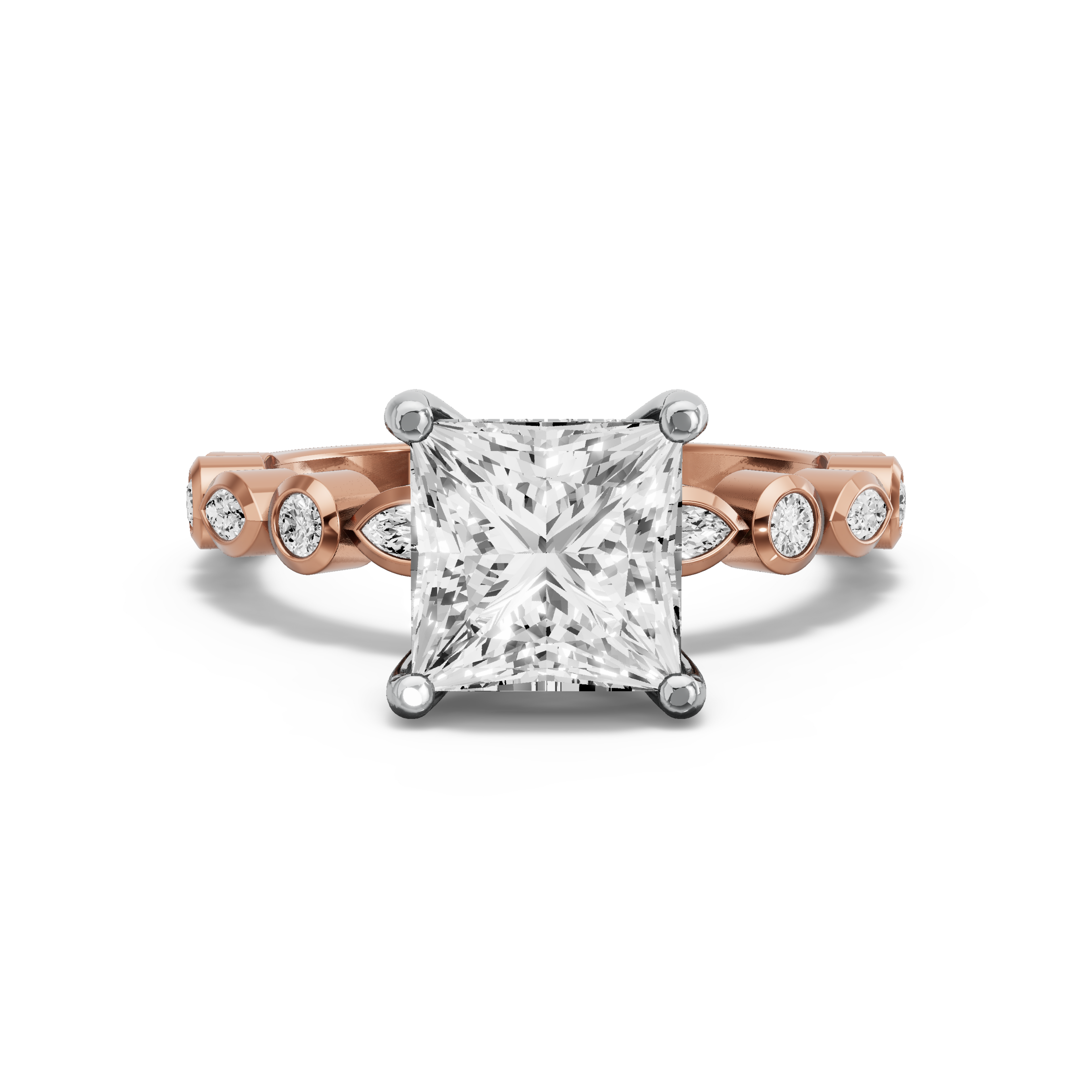 Image for Princess Pave Basket Ring with Alternating Marquise band in 14K Two Tone Yellow Gold