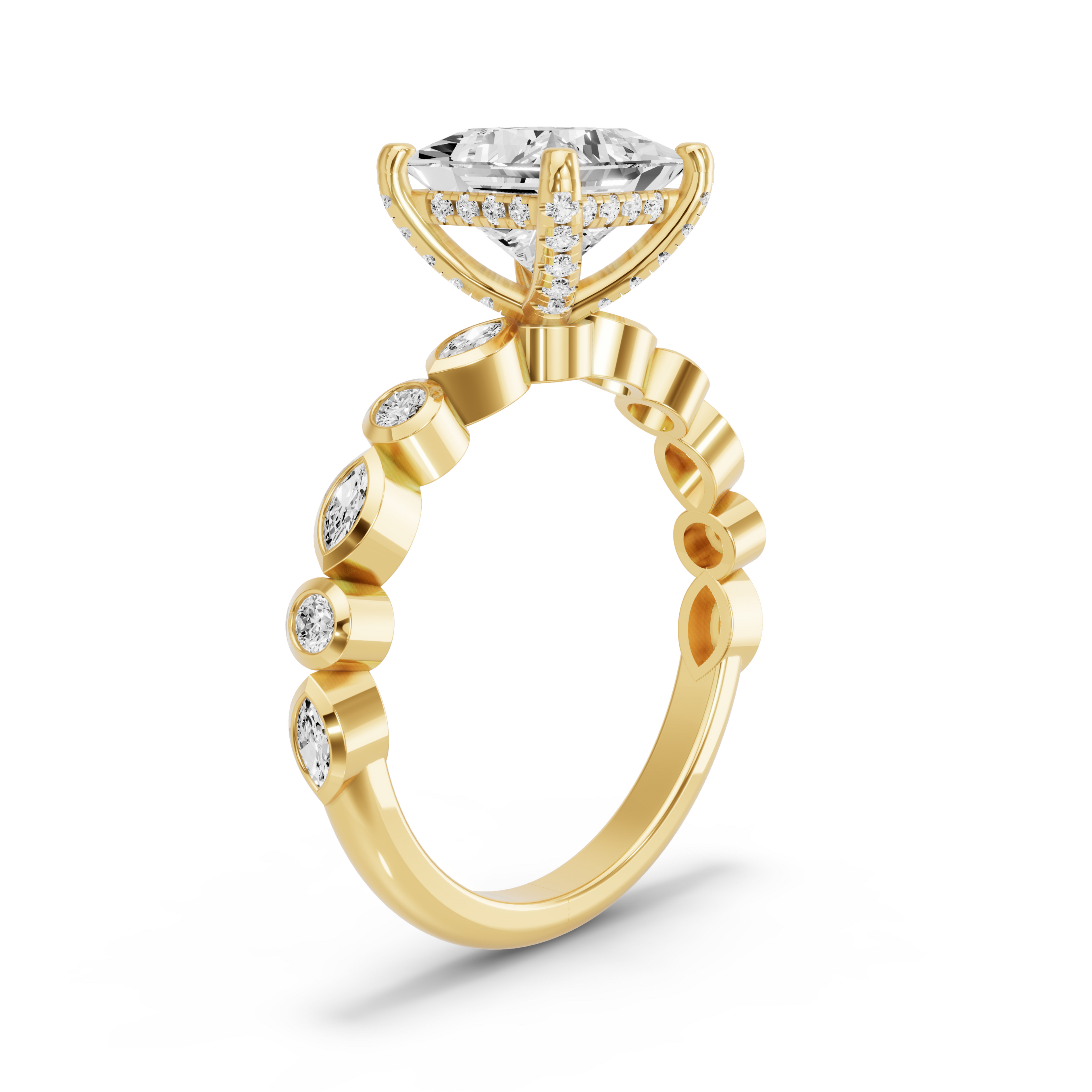 Image for Princess Pave Basket Ring with Alternating Marquise band in 10K White Gold