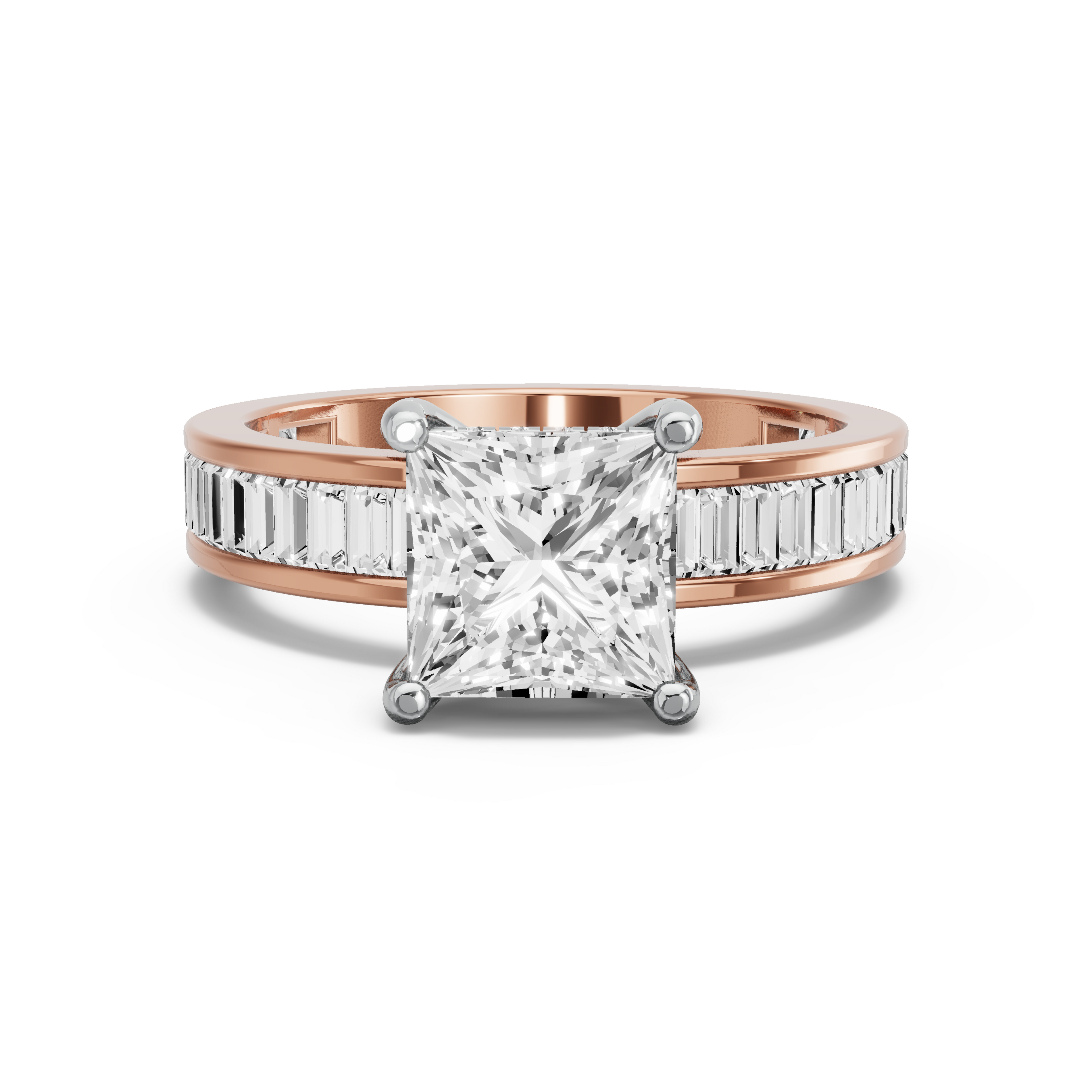 Image for Princess Pave Basket Ring with Baguette Channel band in 18K Two Tone Yellow Gold