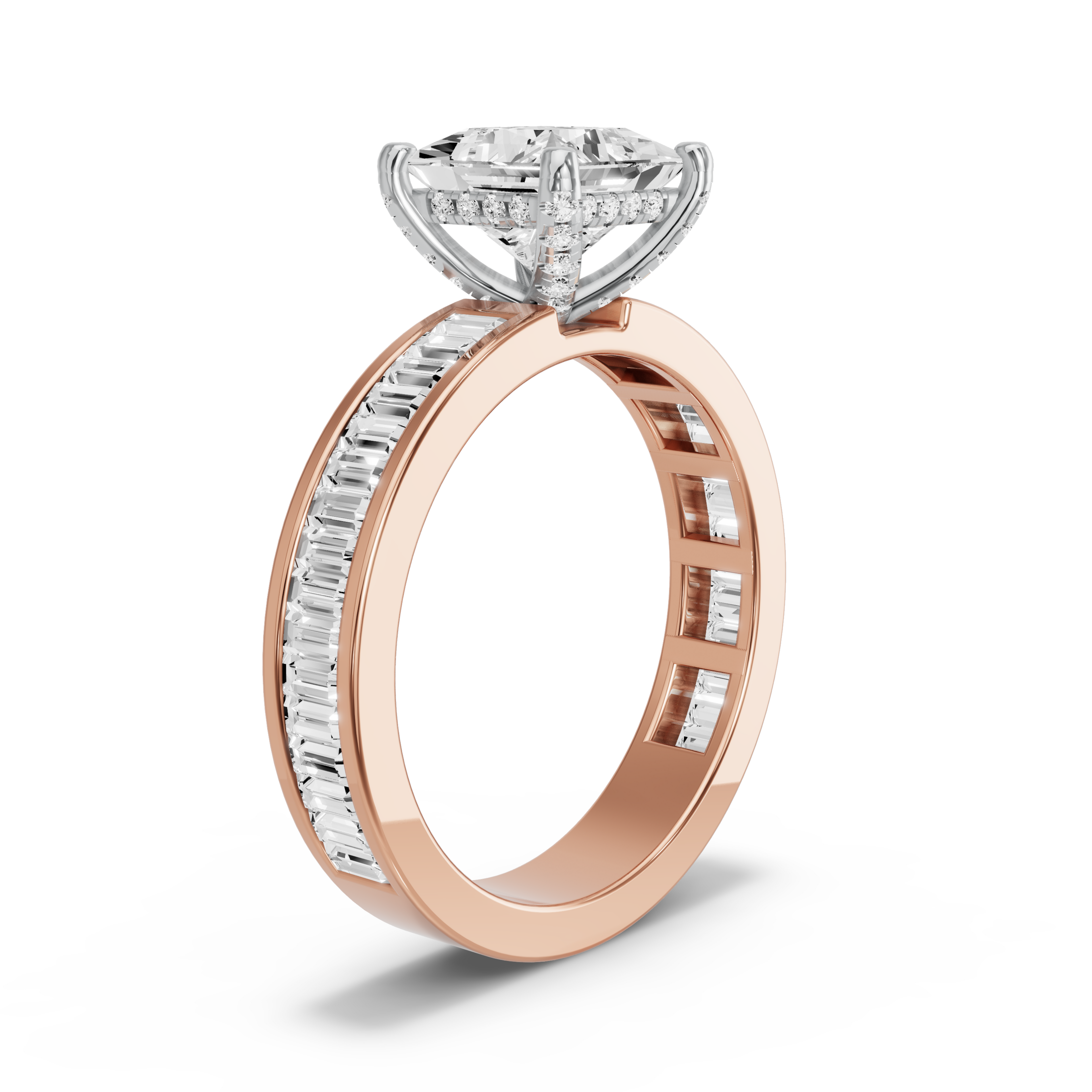 Image for Princess Pave Basket Ring with Baguette Channel band in 14K Two Tone Yellow Gold