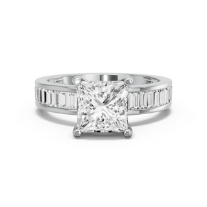 Image for Princess Pave Basket Ring with Baguette Channel band in 18K White Gold