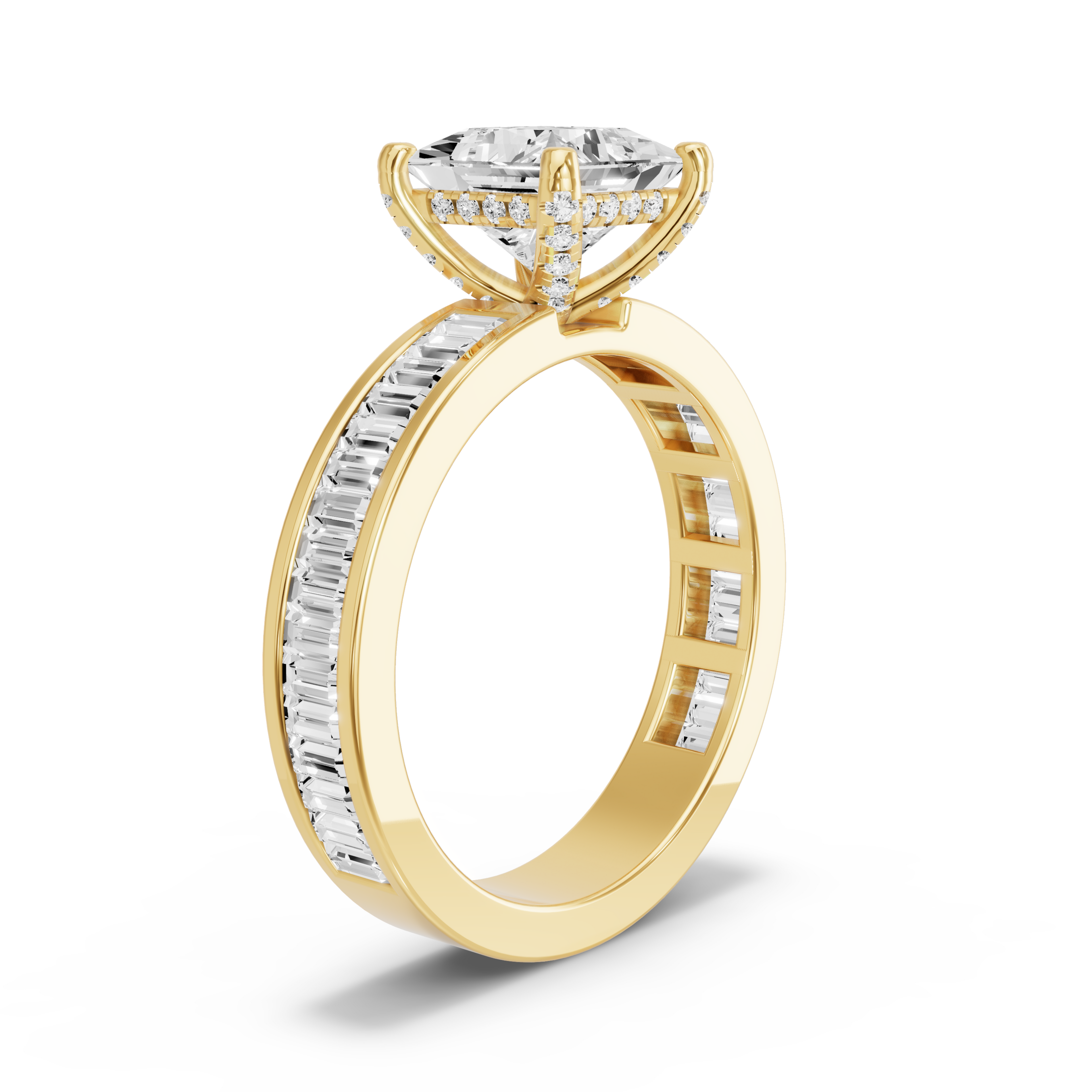 Image for Princess Pave Basket Ring with Baguette Channel band in 14K White Gold