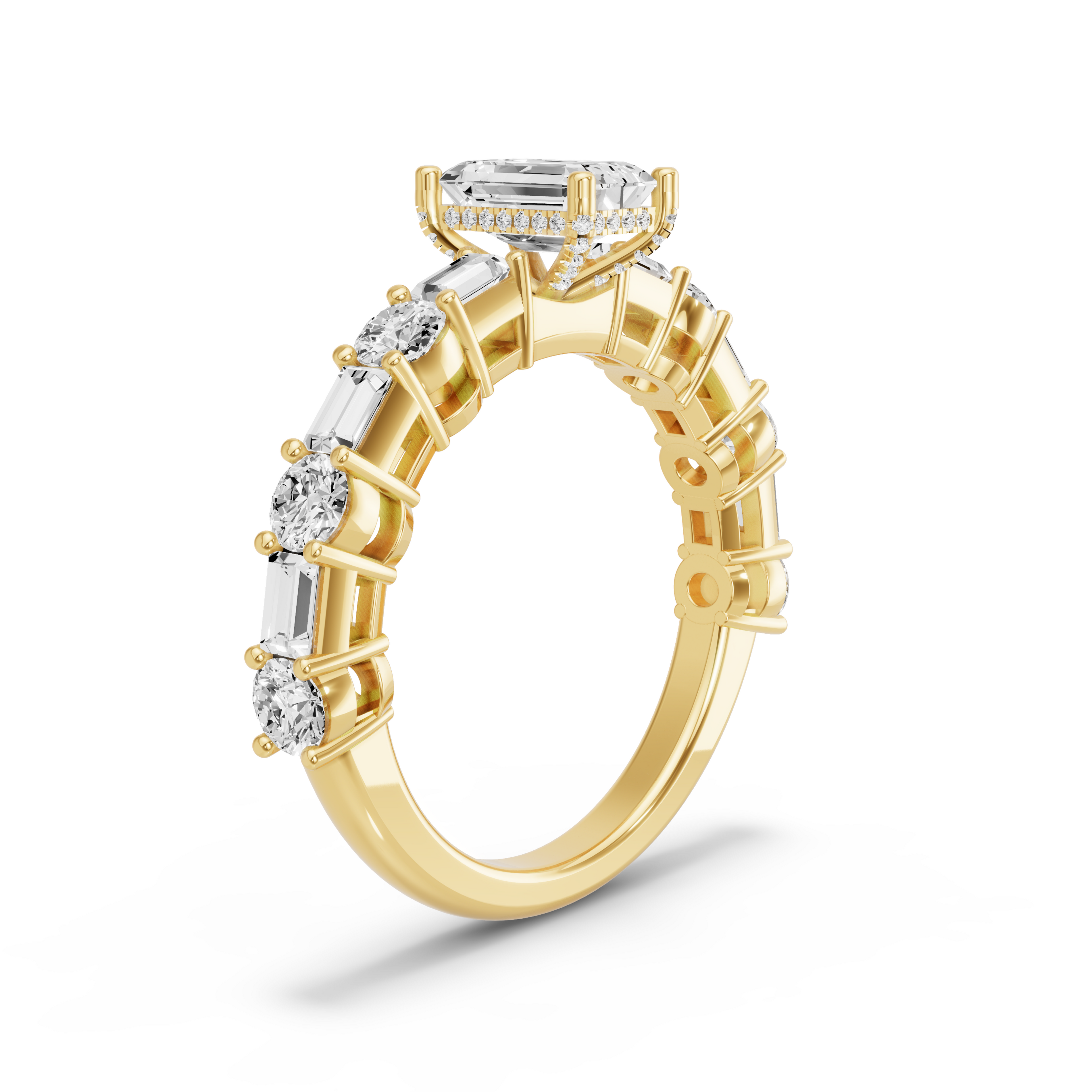 Image for Radiant Pave Basket Ring with Alternating Baguette band in 18K White Gold