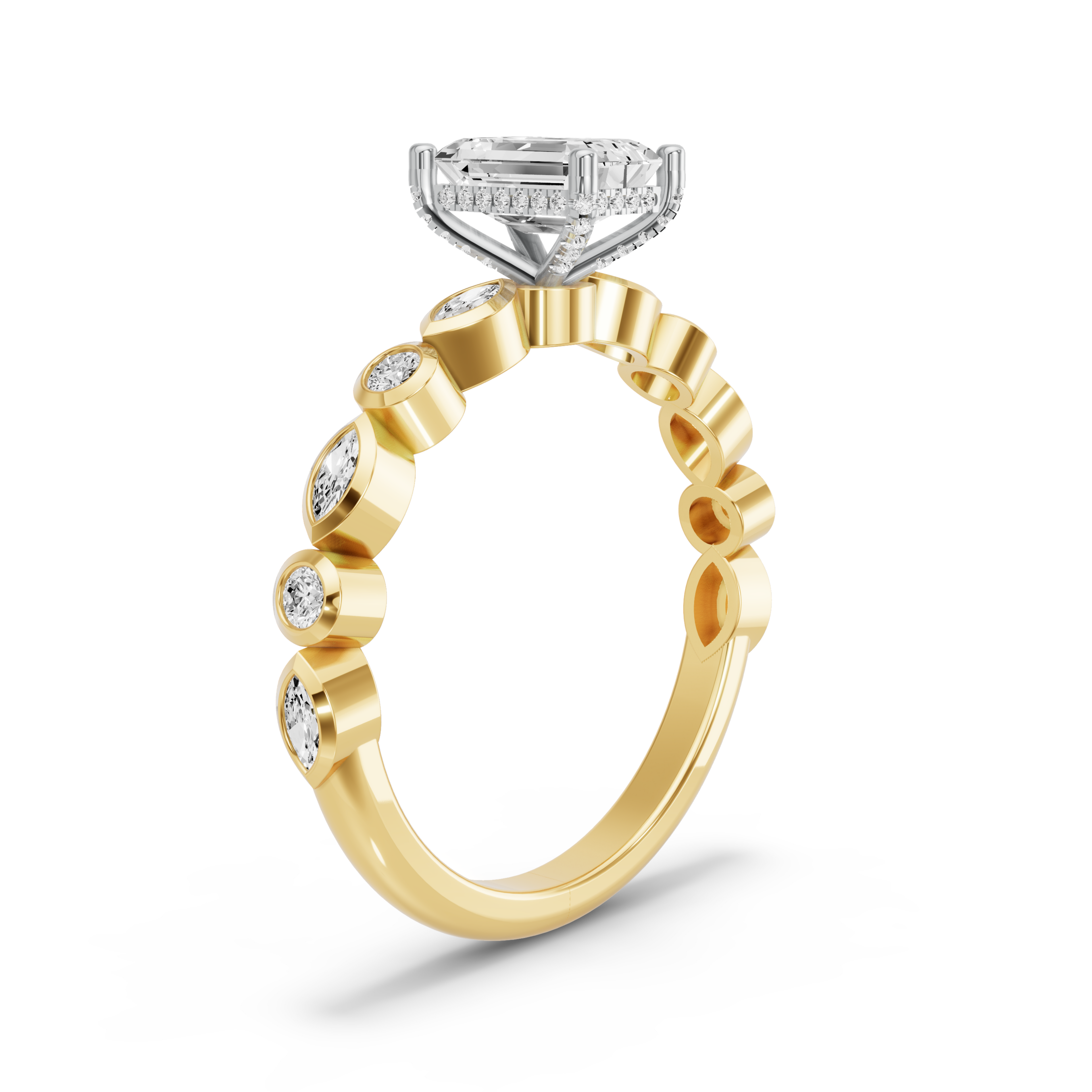 Image for Radiant Pave Basket Ring with Alternating Marquise band in 14K Rose Gold