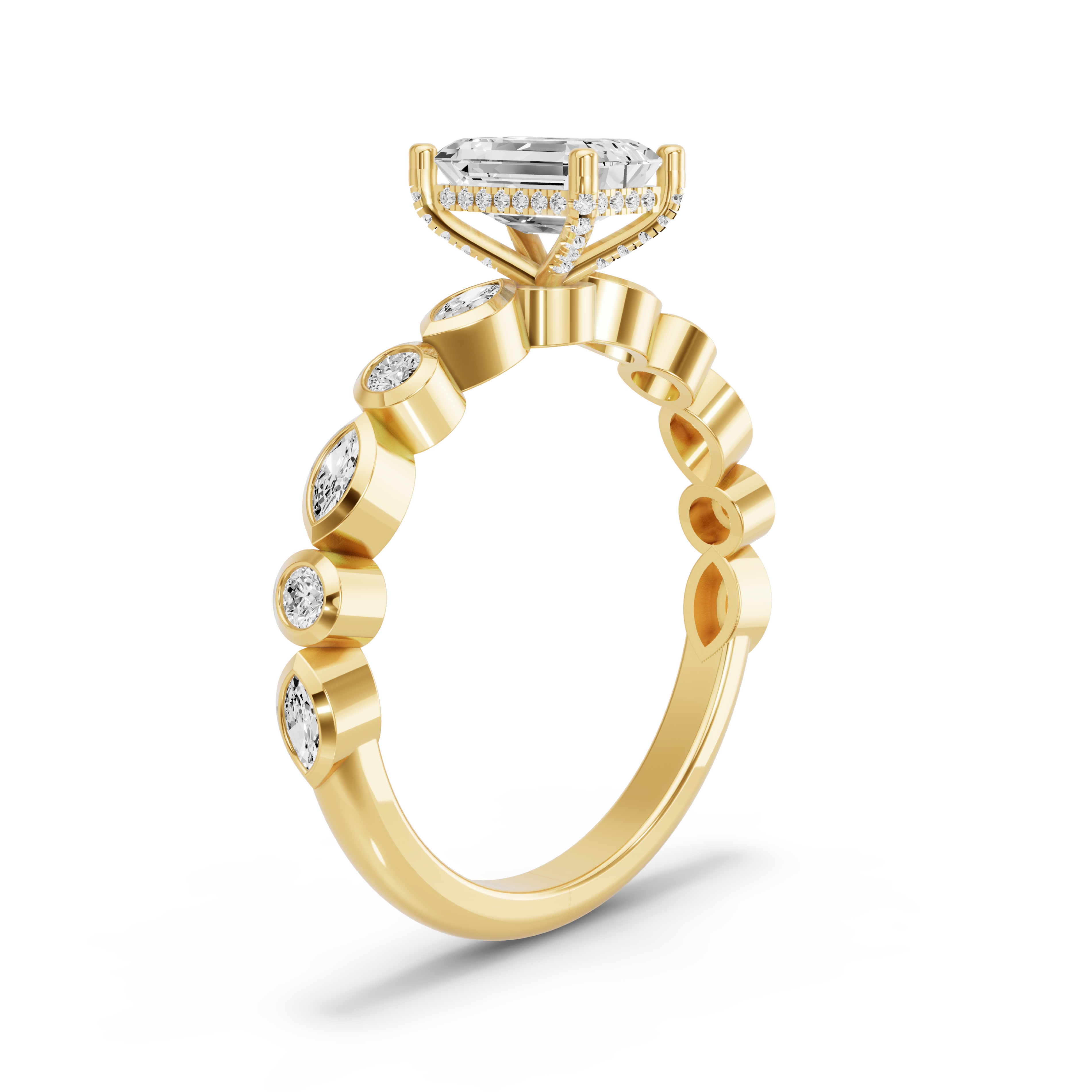 Image for Radiant Pave Basket Ring with Alternating Marquise band in 18K White Gold