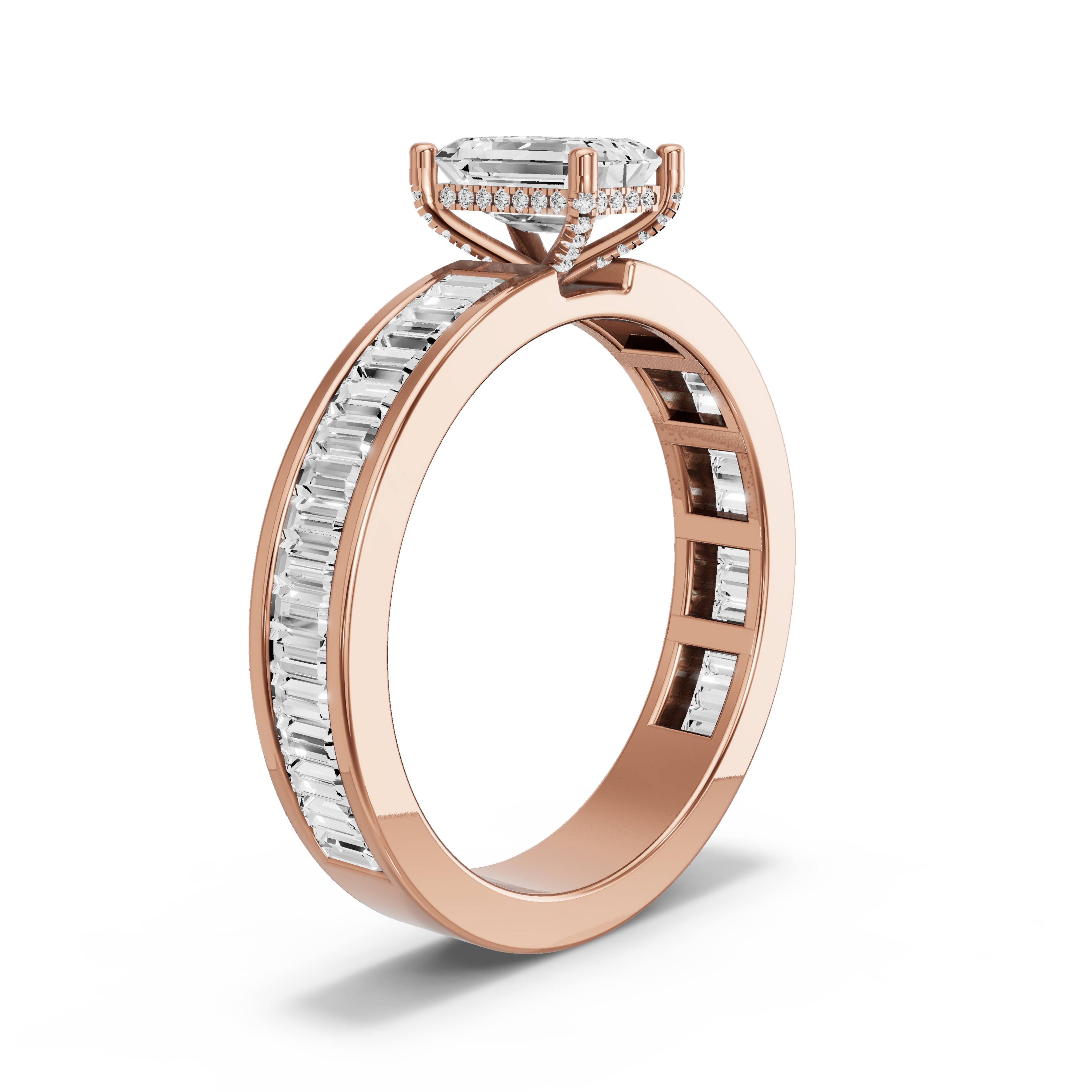 Image for Radiant Pave Basket Ring with Baguette Channel band in 14K Yellow Gold