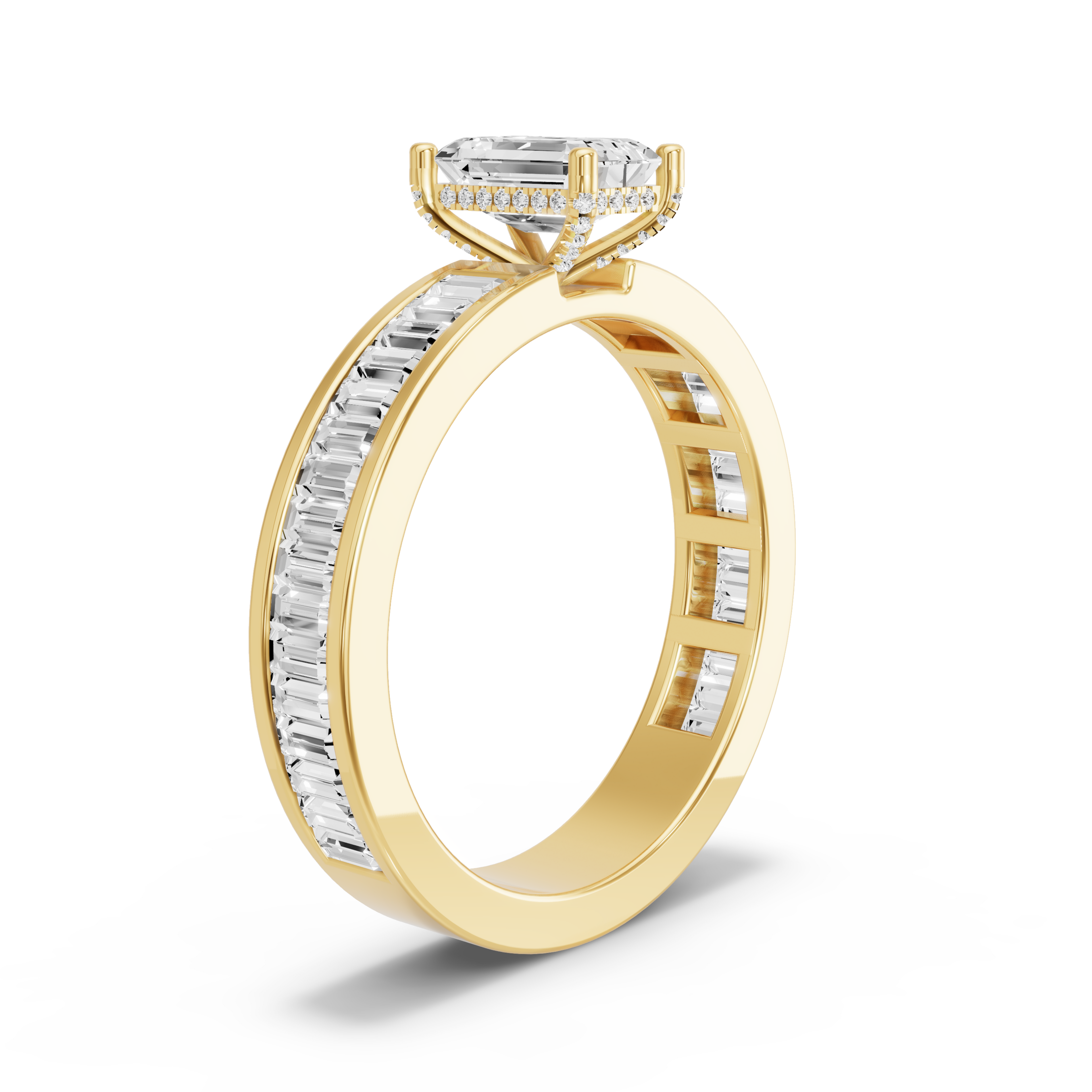 Image for Radiant Pave Basket Ring with Baguette Channel band in 18K White Gold
