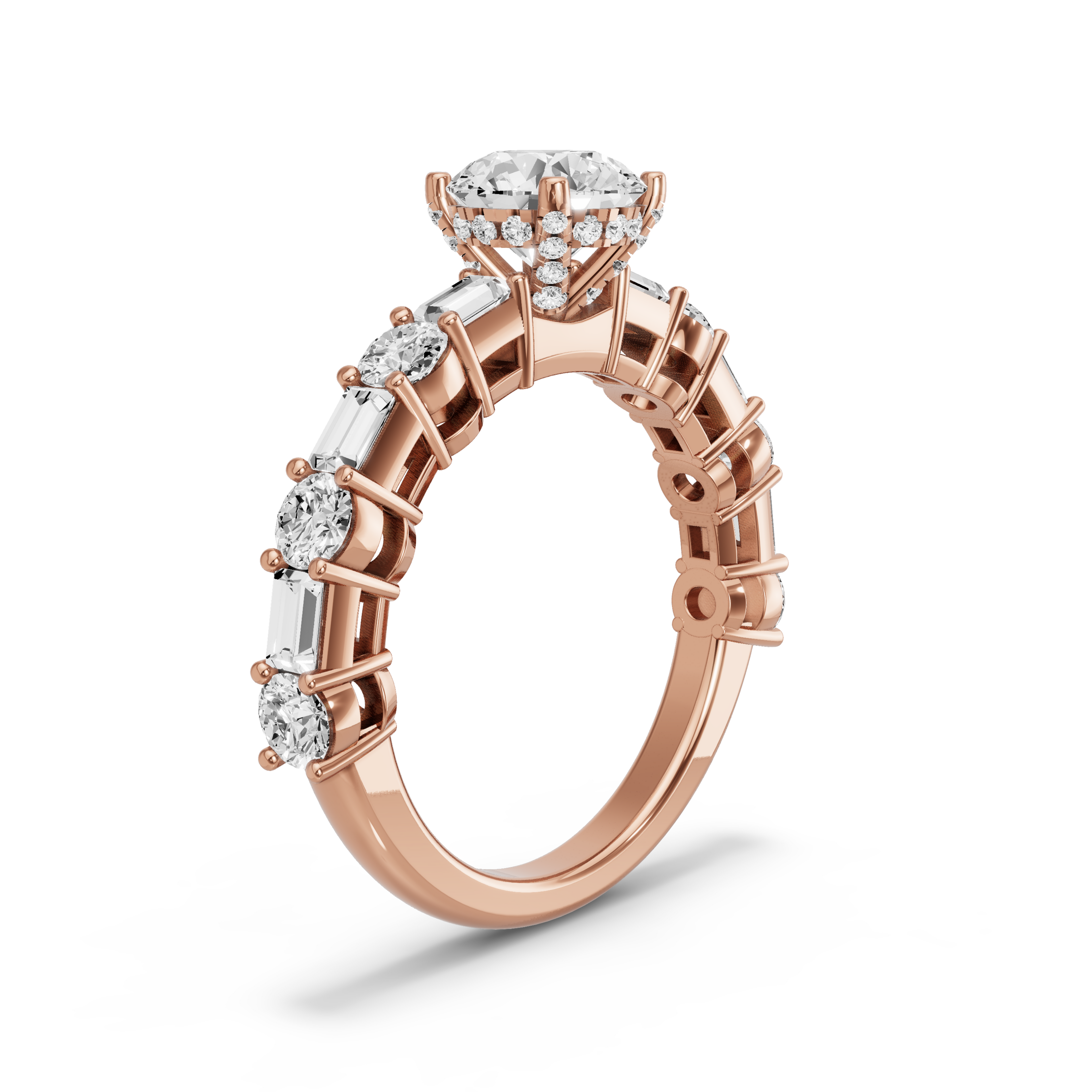 Image for Round Pave Basket Ring with Alternating Baguette band in 10K Rose Gold