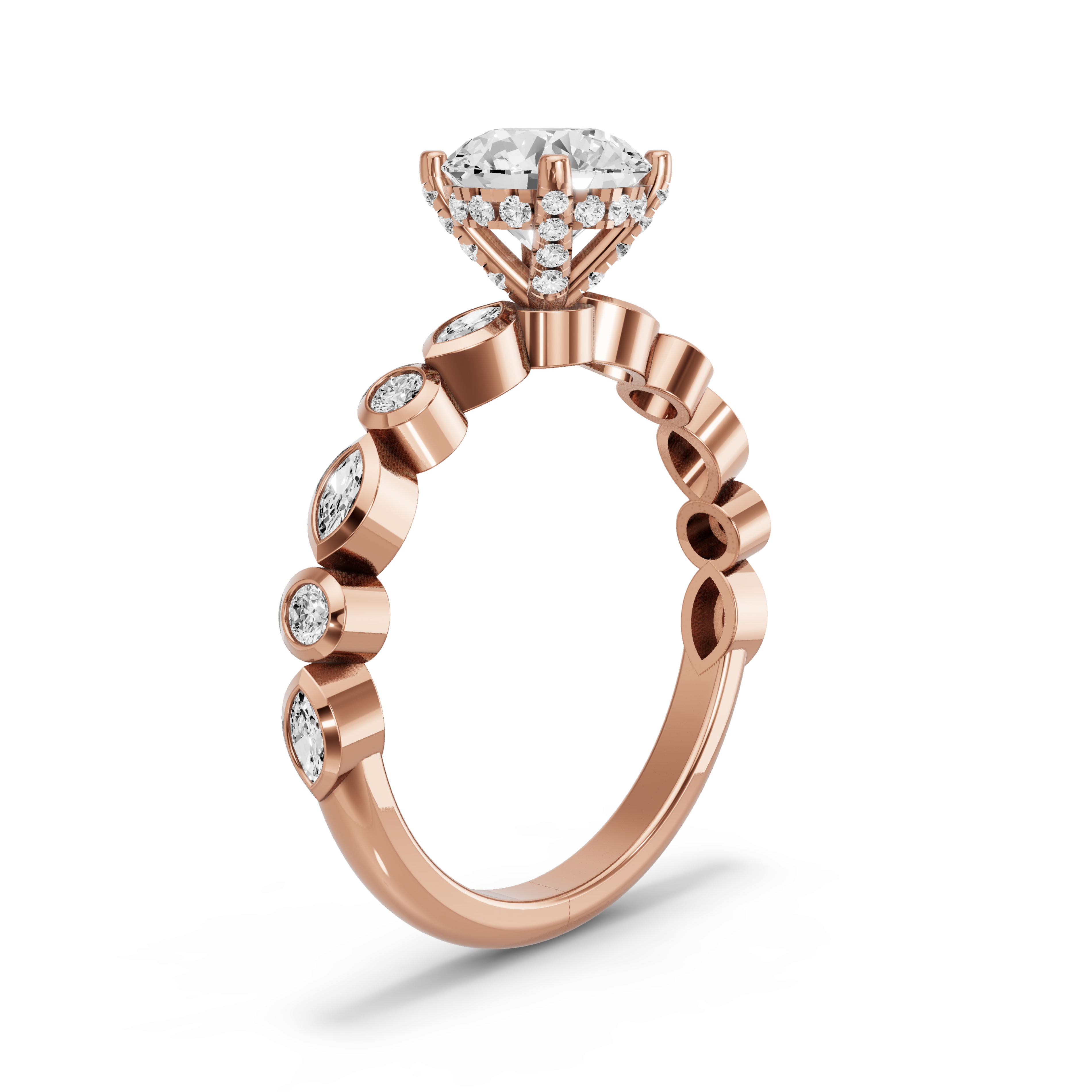 Image for Round Pave Basket Ring with Alternating Marquise band in 14K Rose Gold
