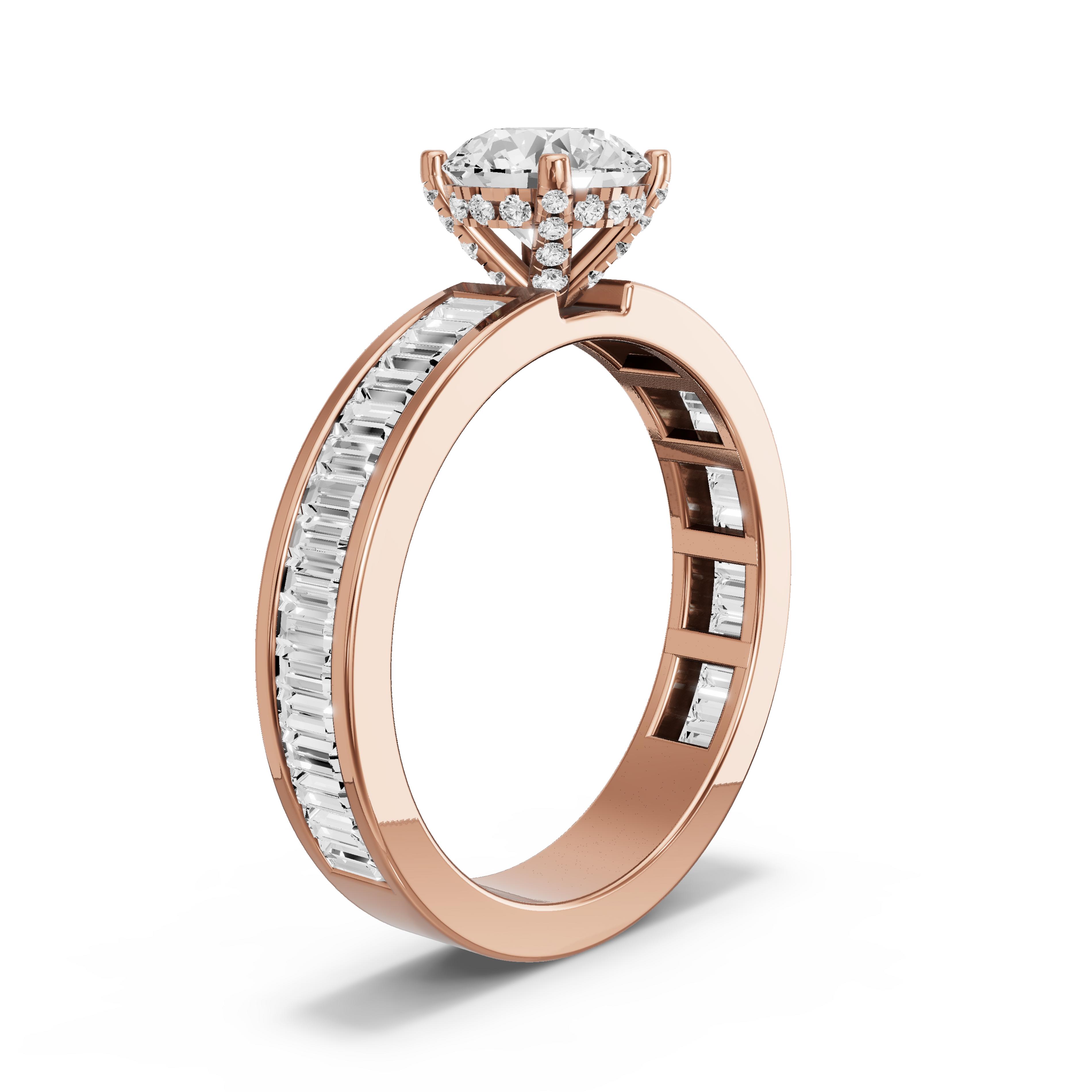 Image for Round Pave Basket Ring with Baguette Channel band in 18K Rose Gold
