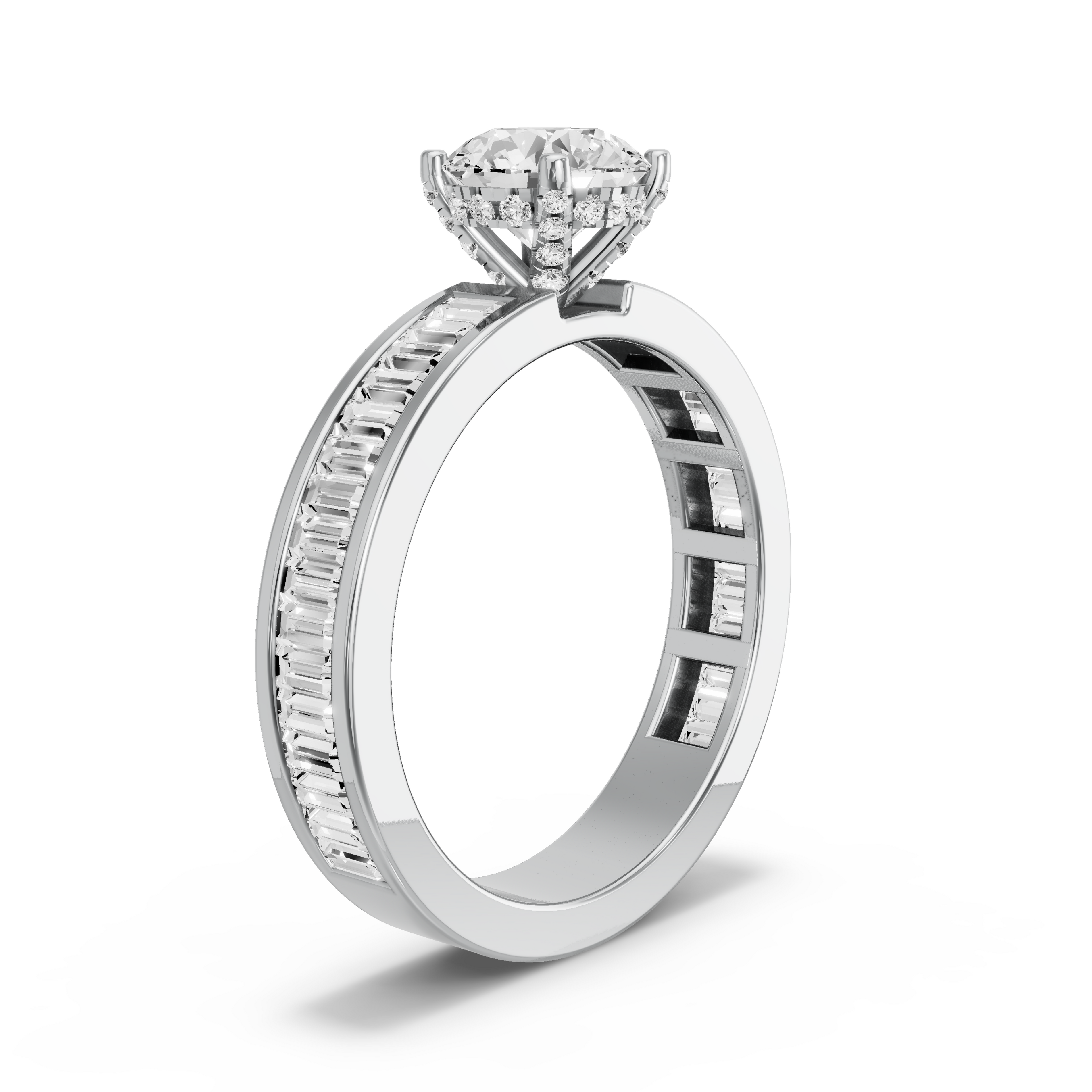 Image for Round Pave Basket Ring with Baguette Channel band in 18K White Gold