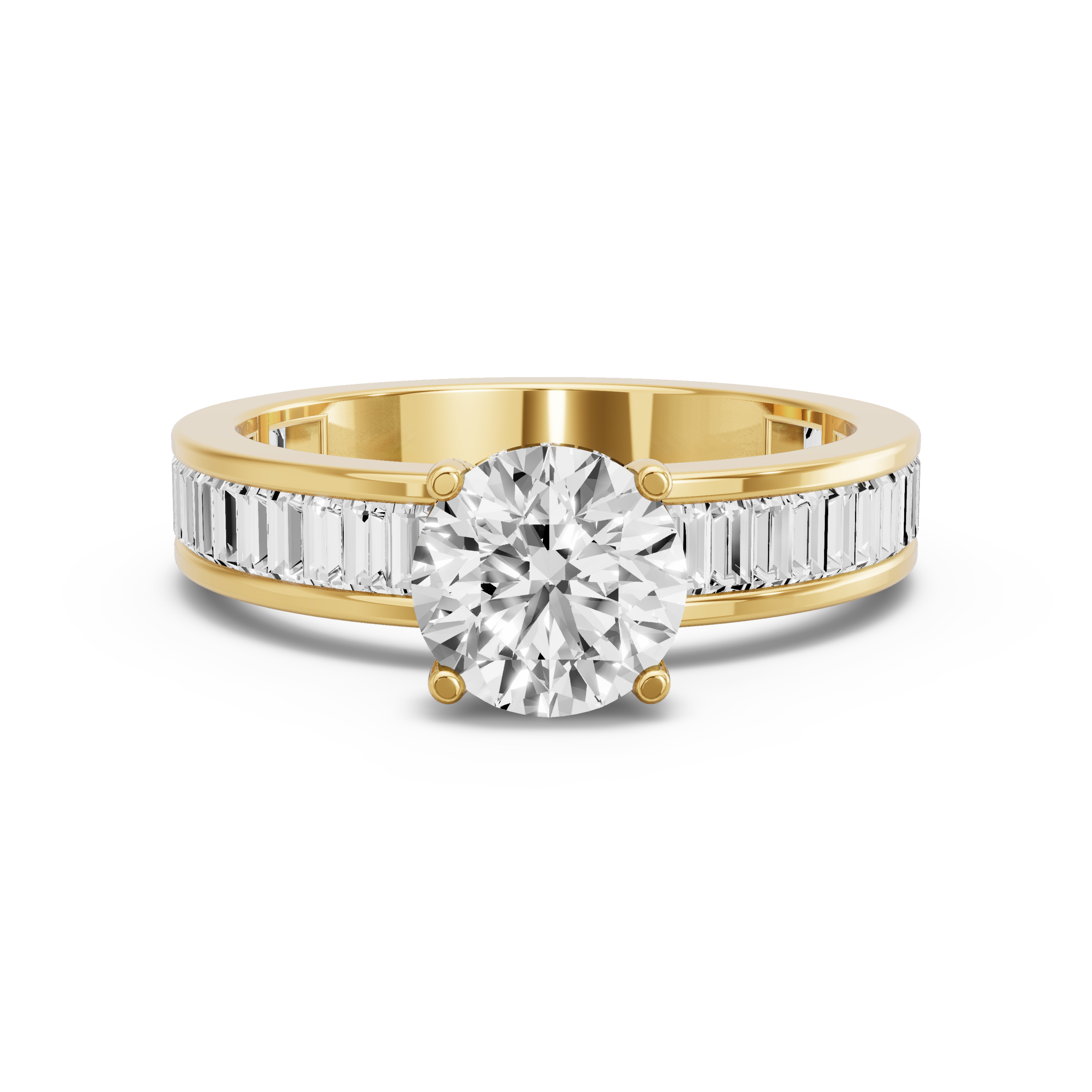 Image for Round Pave Basket Ring with Baguette Channel band in 14K Yellow Gold