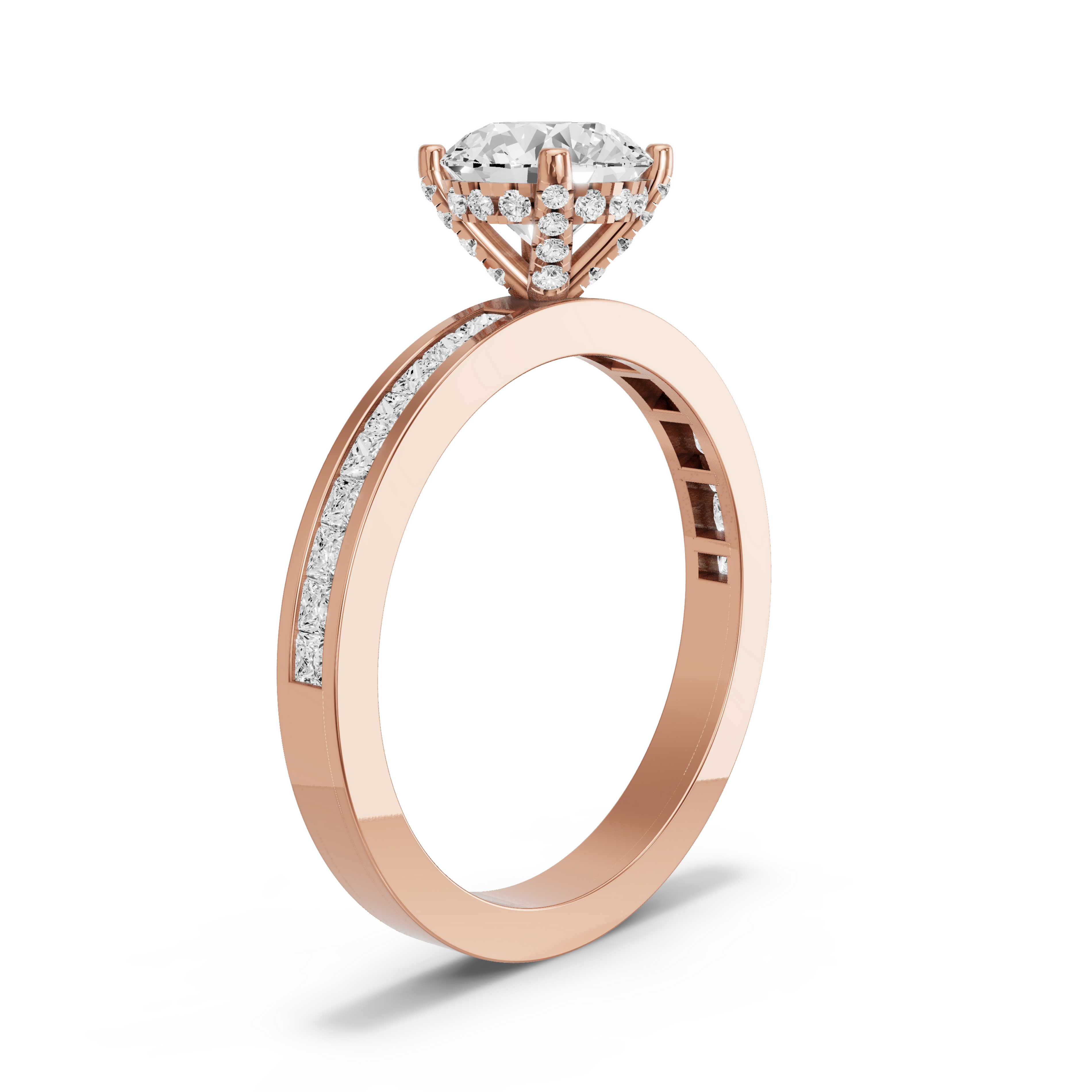 Image for Round Pave Basket Ring with Channel band in 18K Rose Gold