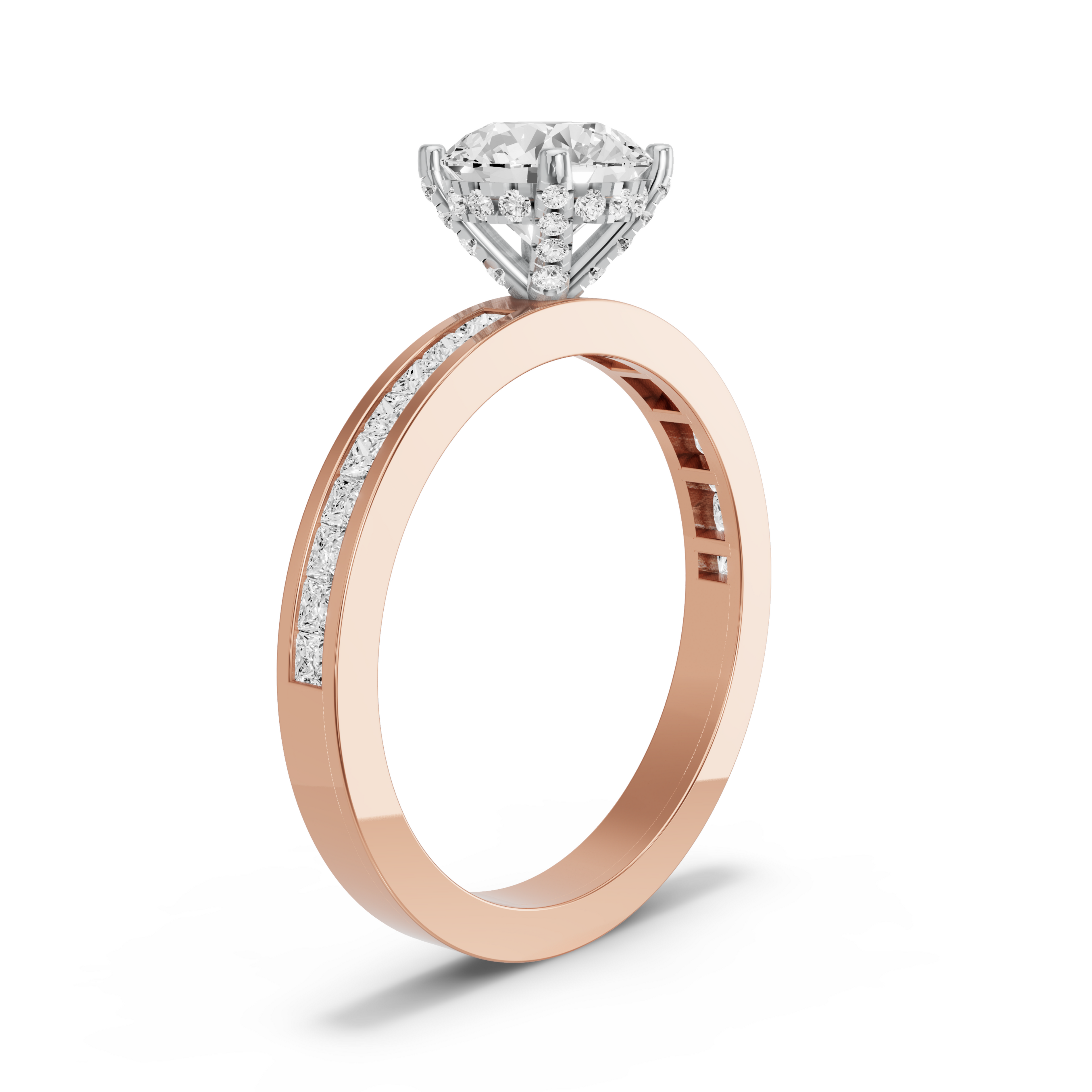 Image for Round Pave Basket Ring with Channel band in 18K Two Tone Rose Gold