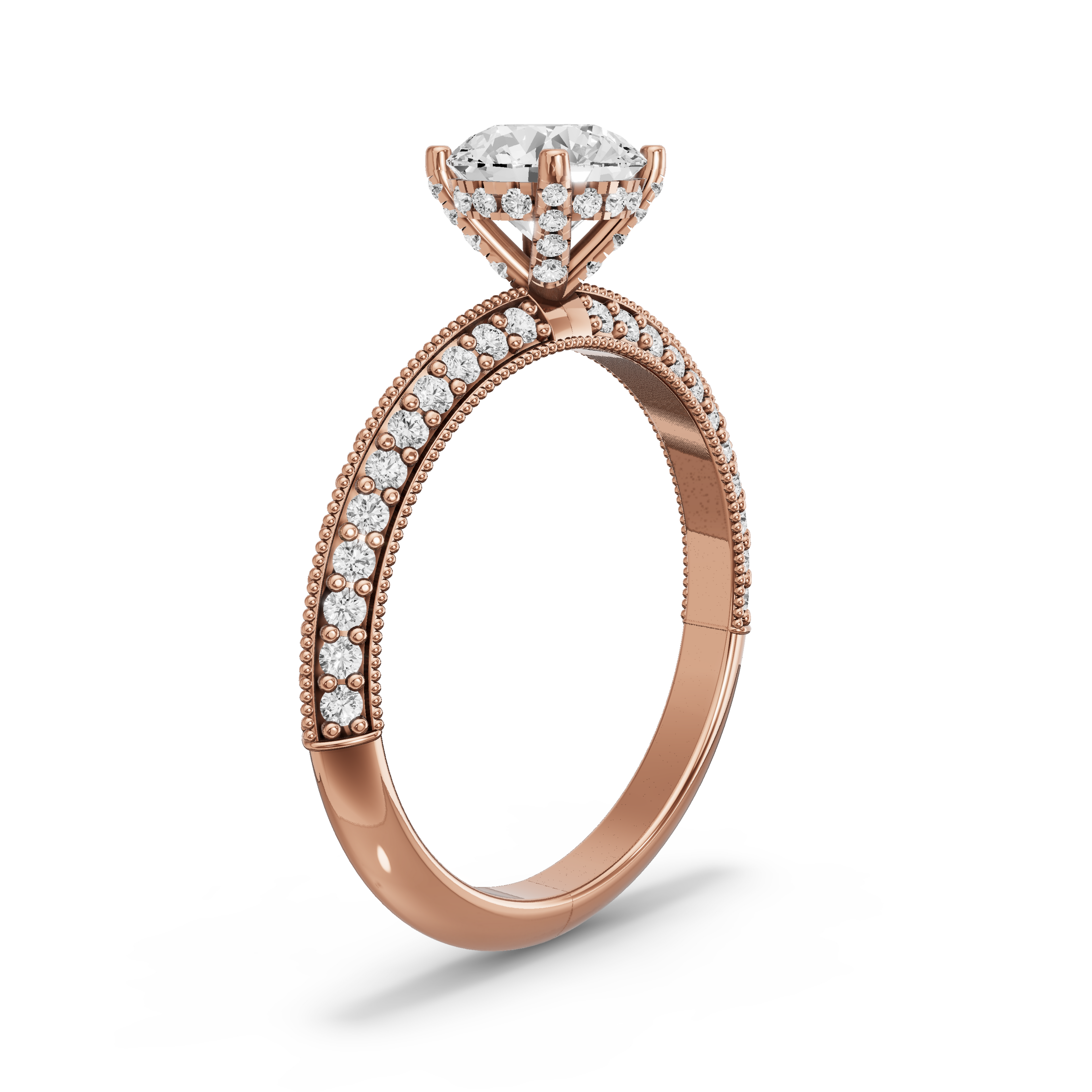 Image for Round Pave Basket Ring with Knife Edge Pave band in 18K Rose Gold