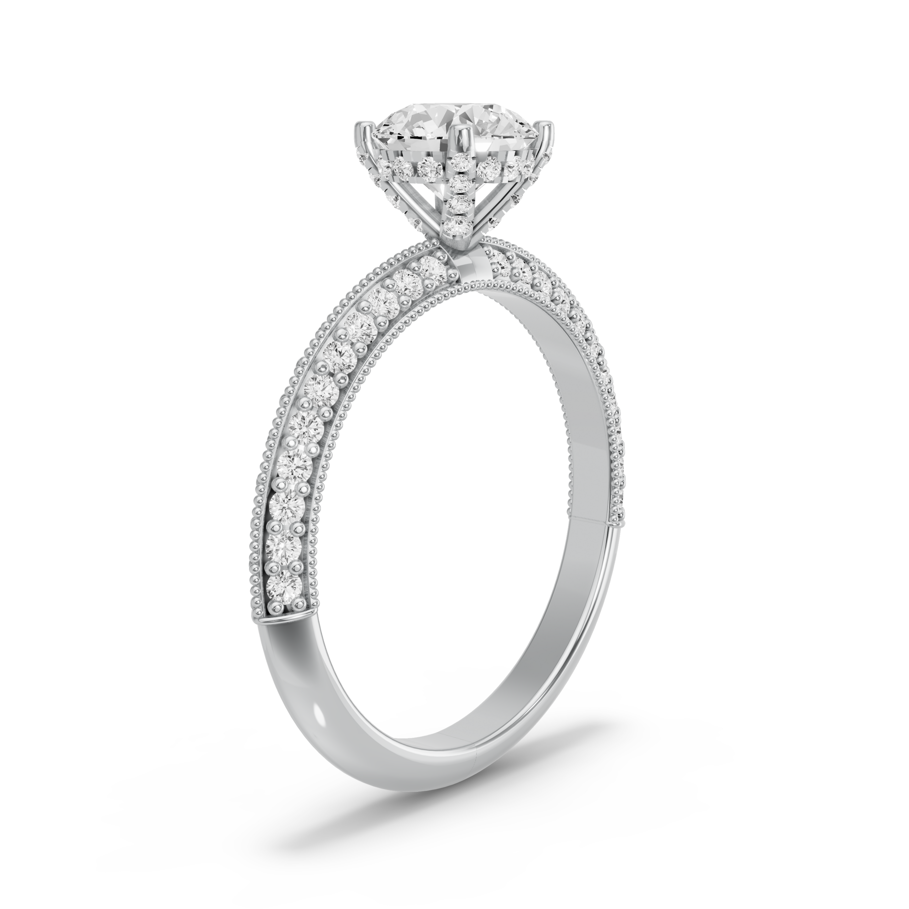 Image for Round Pave Basket Ring with Knife Edge Pave band in 14K White Gold