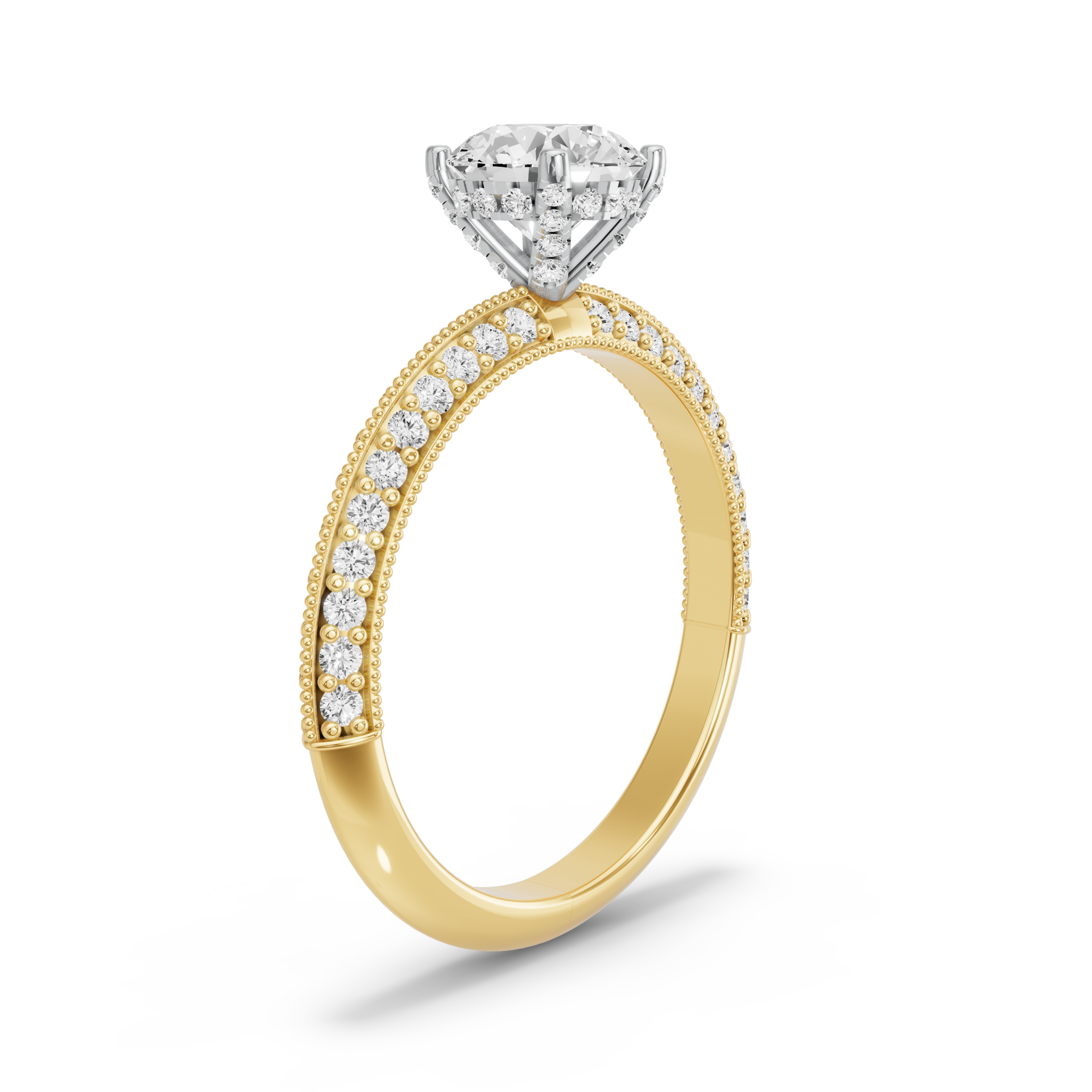 Image for Round Pave Basket Ring with Knife Edge Pave band in 10K Two Tone Yellow Gold