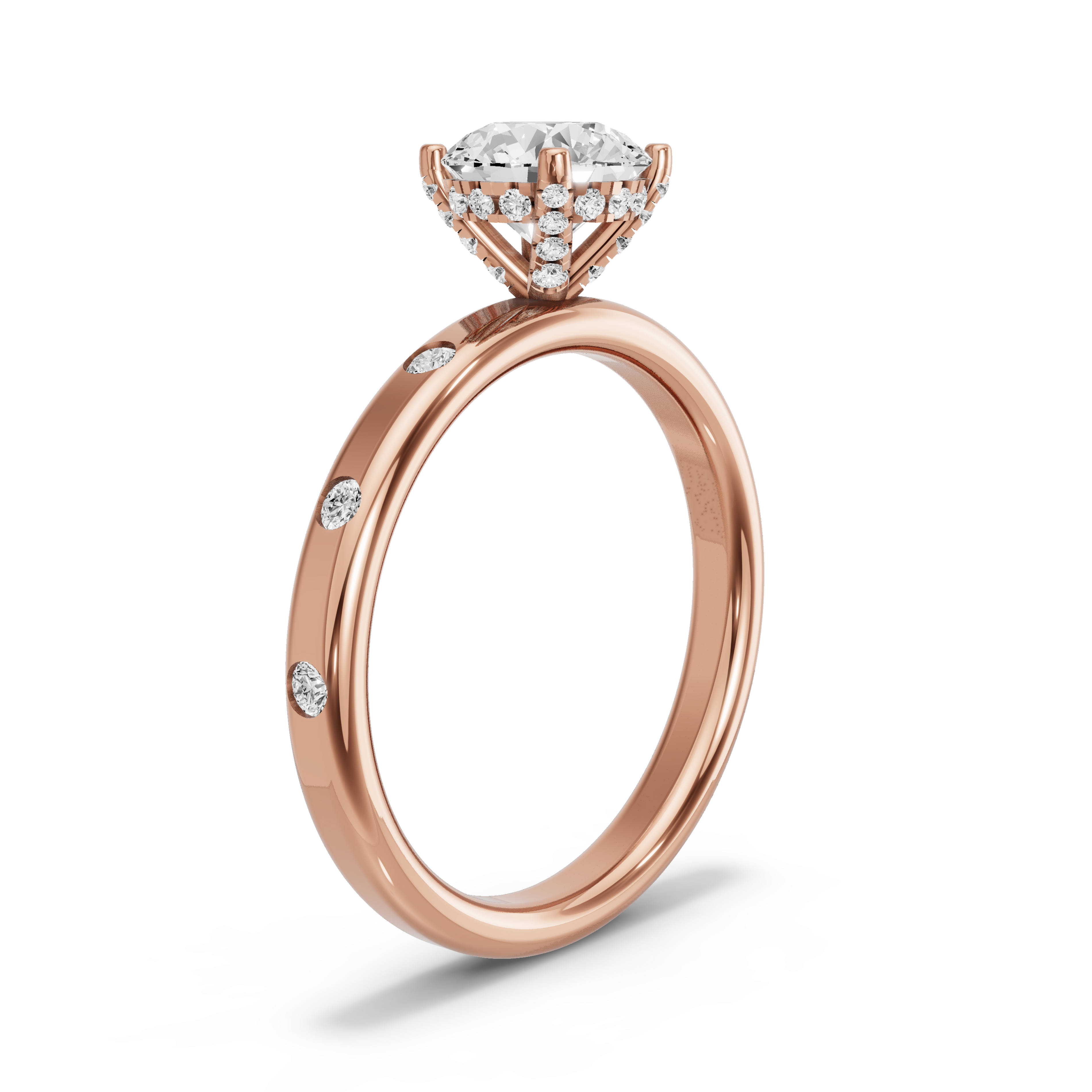 Image for Round Pave Basket Ring with Sleek Accent band in 18K Rose Gold