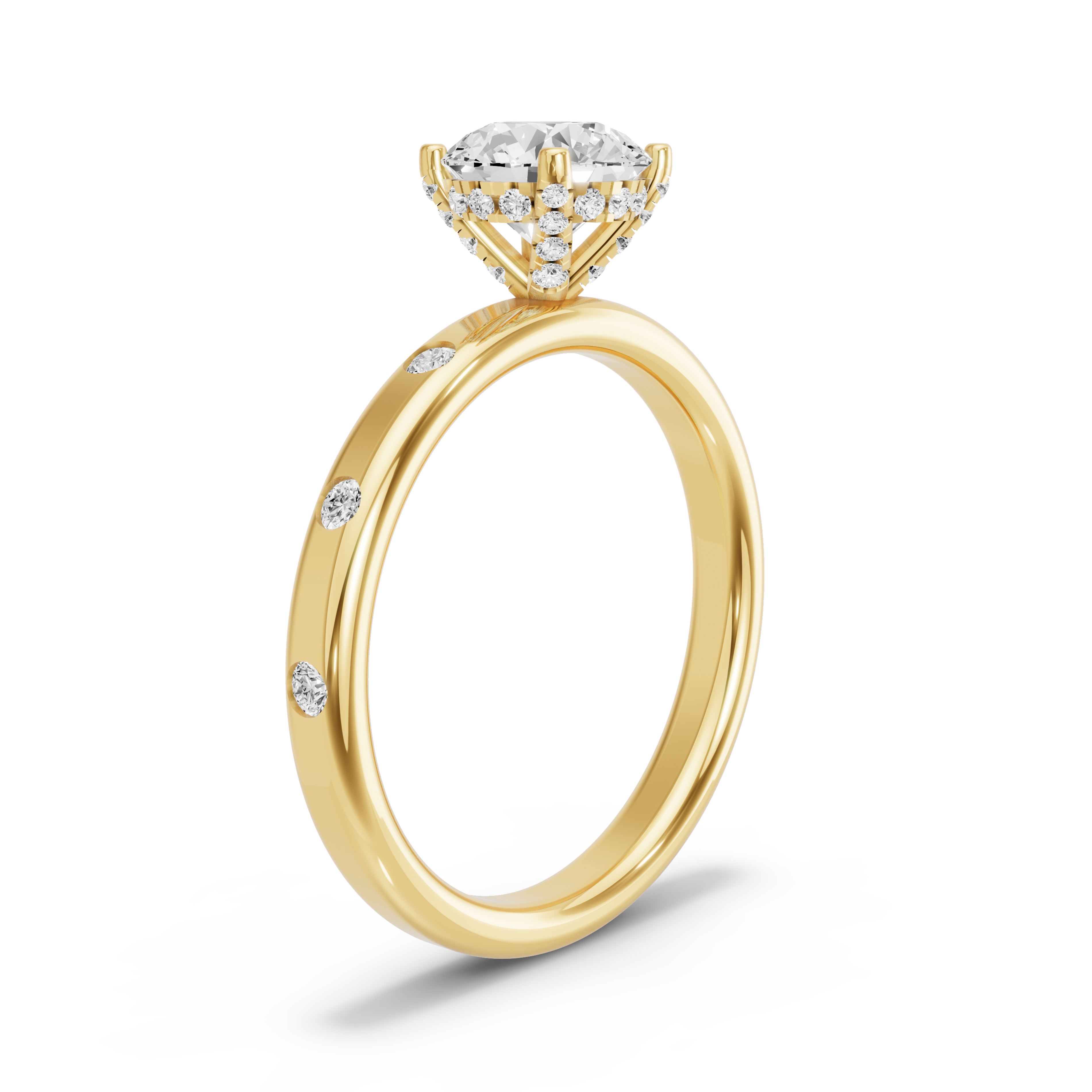 Image for Round Pave Basket Ring with Sleek Accent band in 18K Yellow Gold