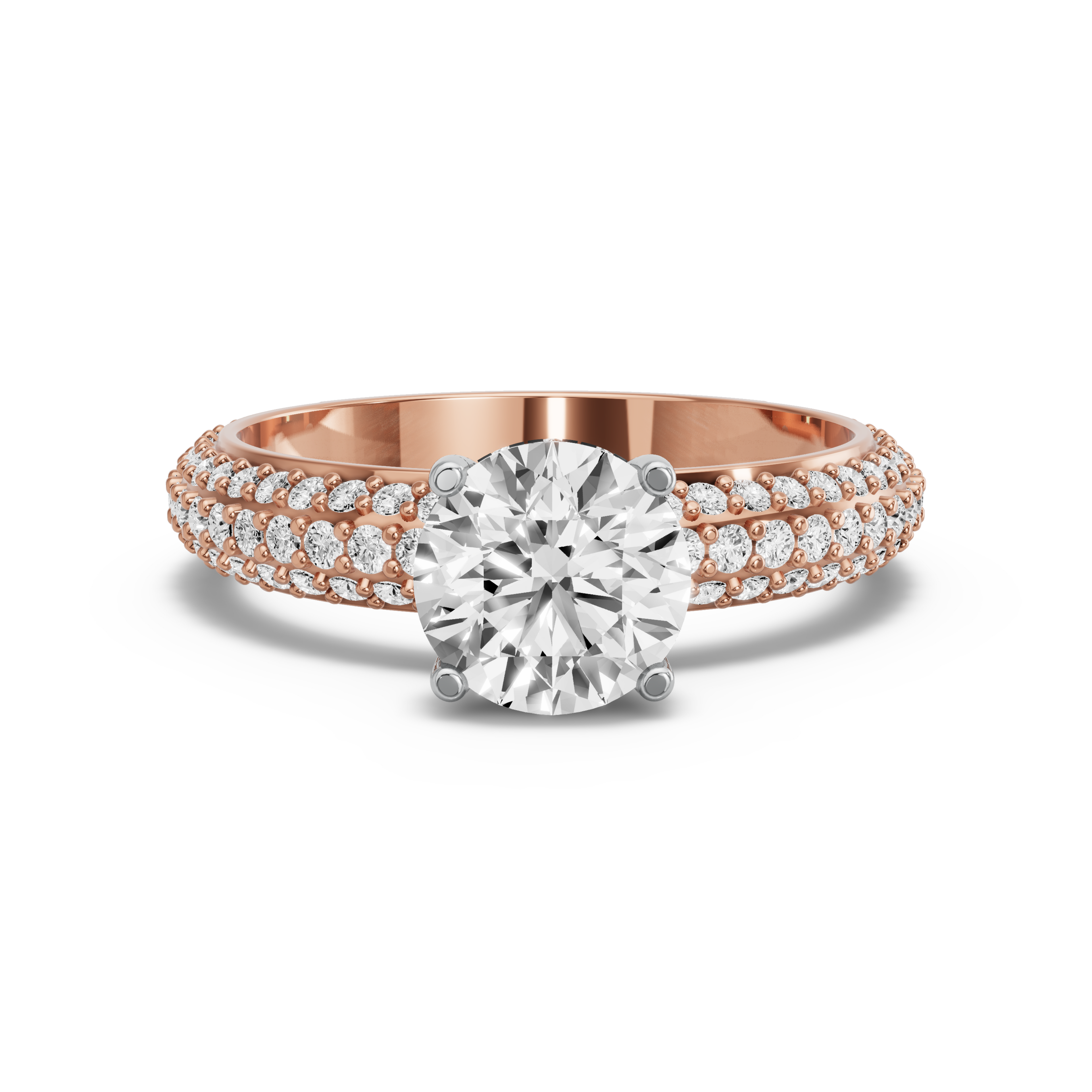 Image for Round Pave Basket Ring with Triple Row Pave band in 18K Two Tone Rose Gold