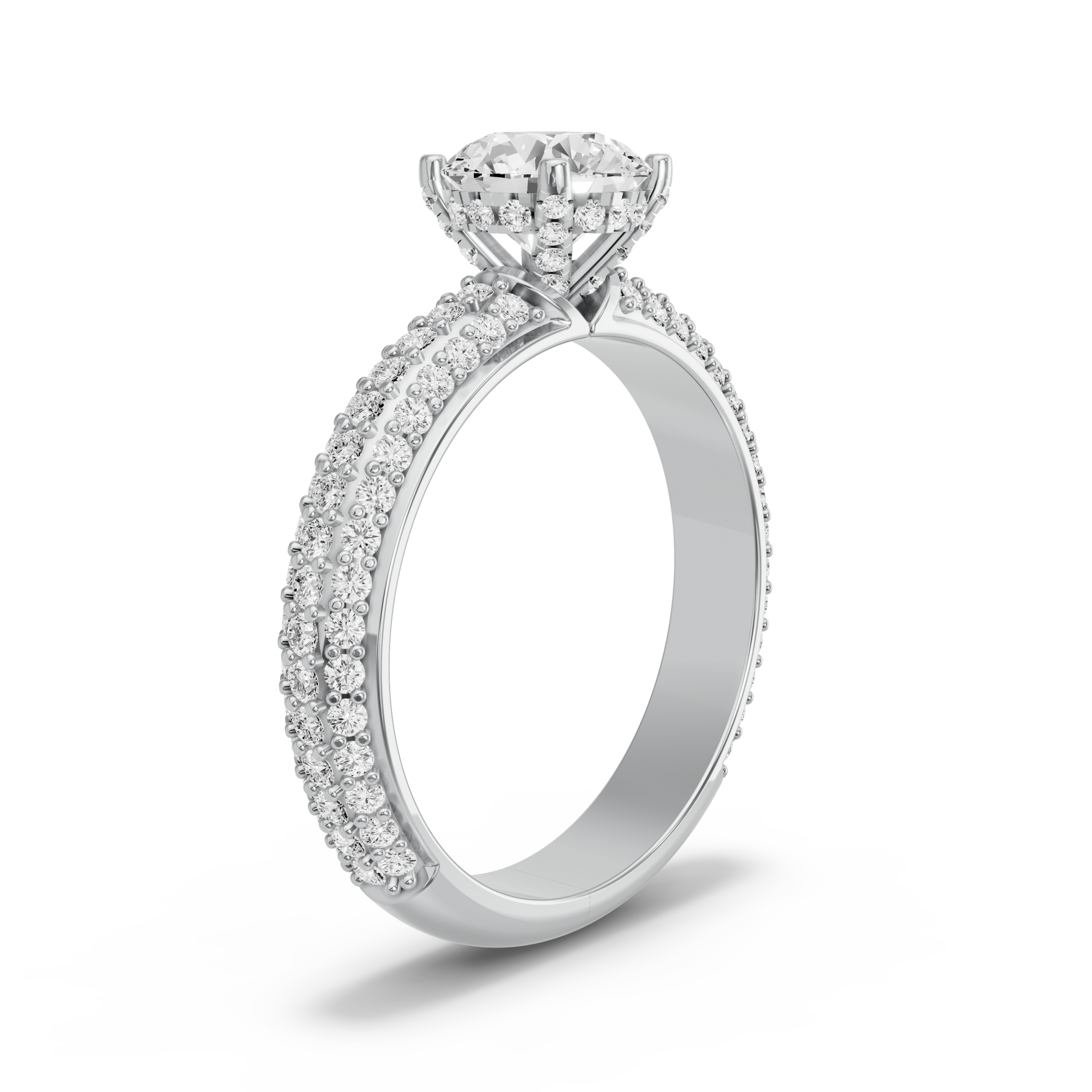 Image for Round Pave Basket Ring with Triple Row Pave band in 18K White Gold