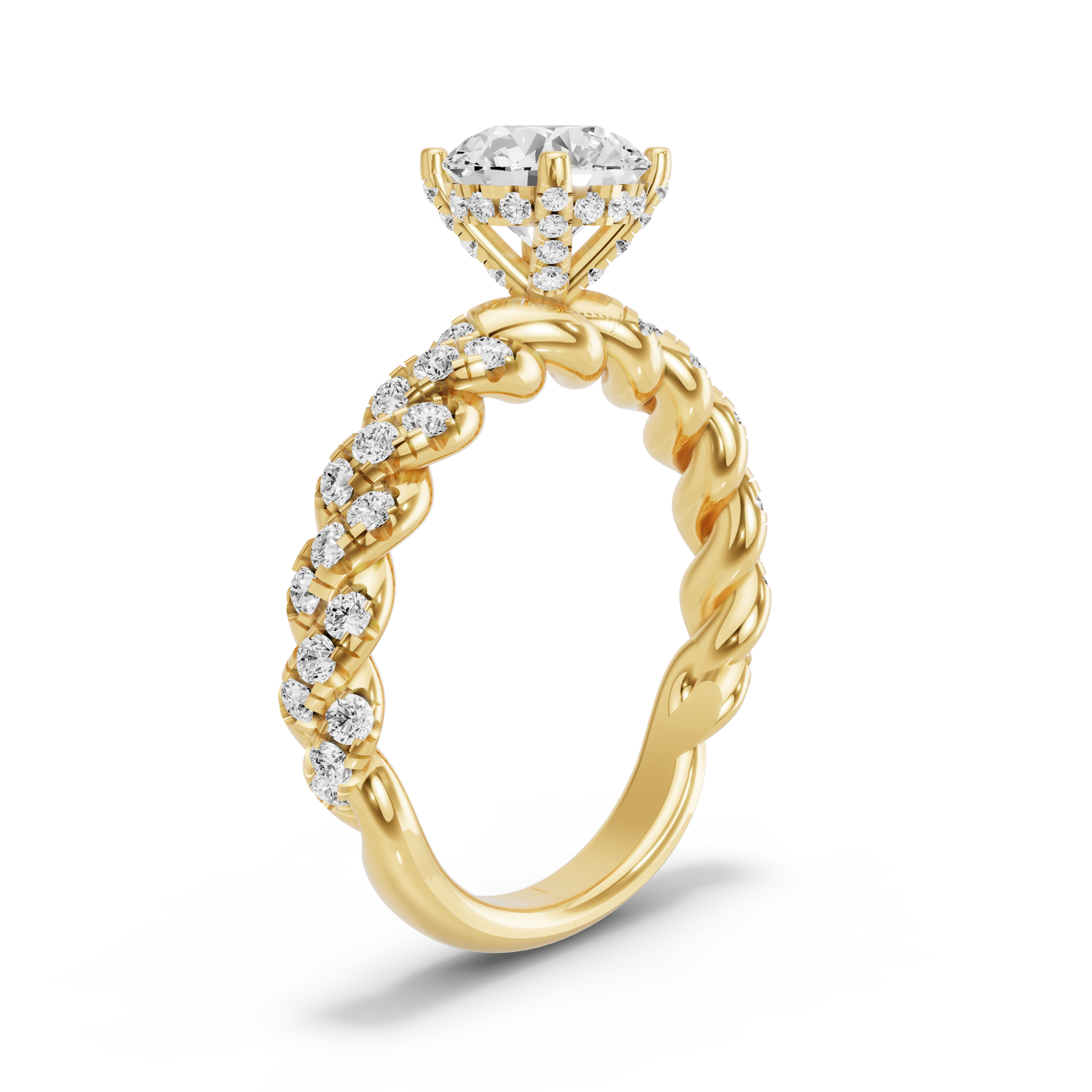 Image for Round Pave Basket Ring with Twist Pave band in 18K Yellow Gold