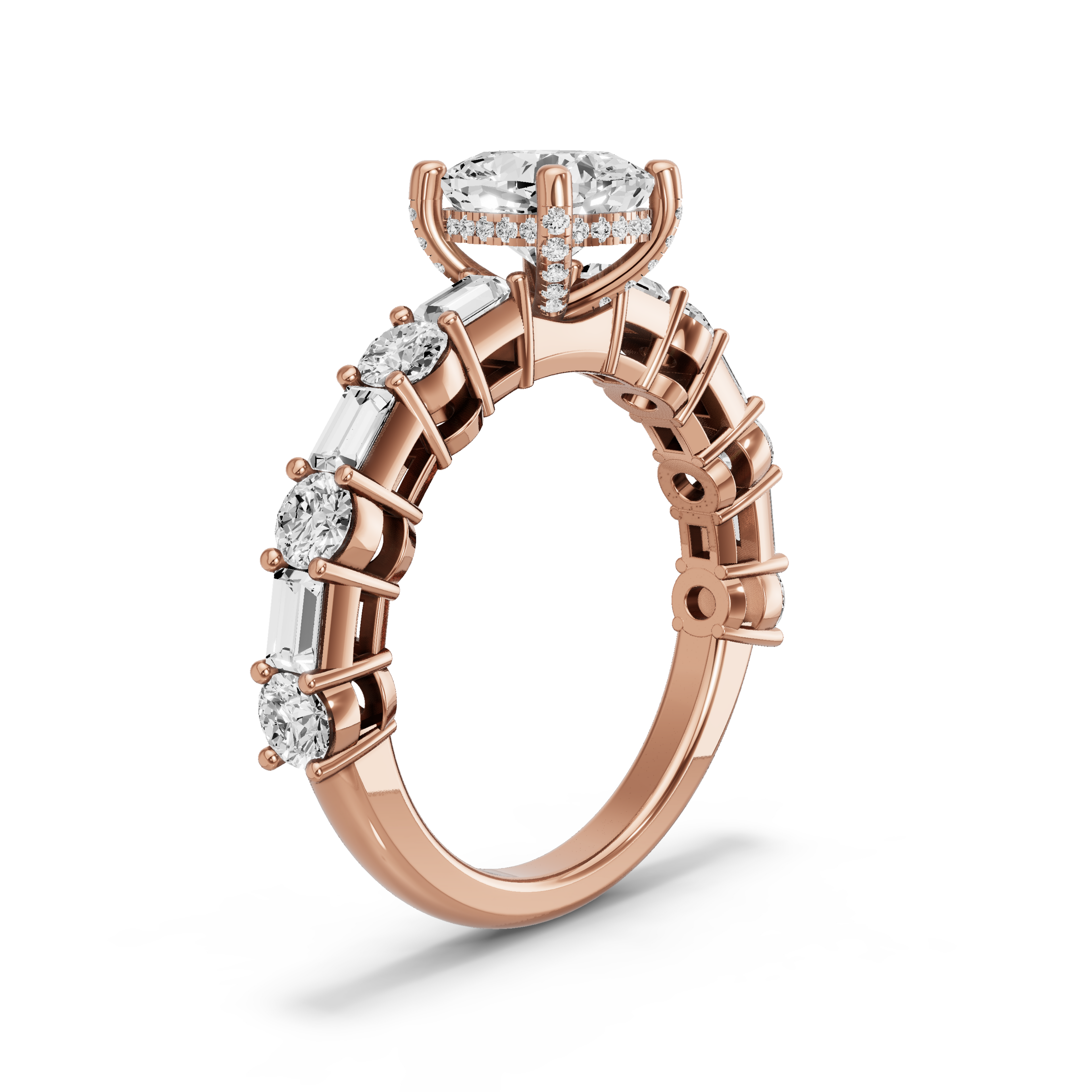 Image for Square Cushion Pave Basket Ring with Alternating Baguette band in 18K Rose Gold