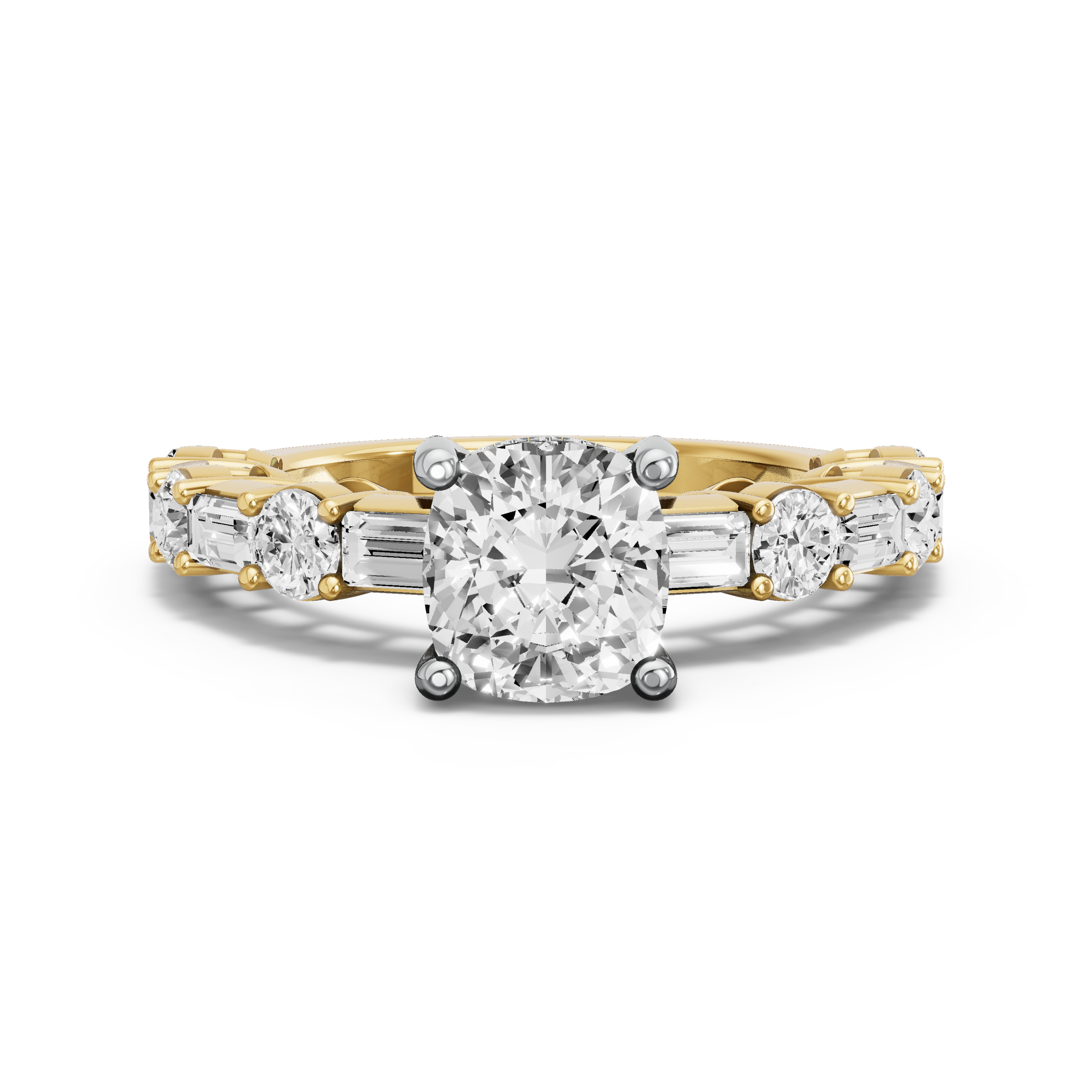 Image for Square Cushion Pave Basket Ring with Alternating Baguette band in 18K Two Tone Yellow Gold