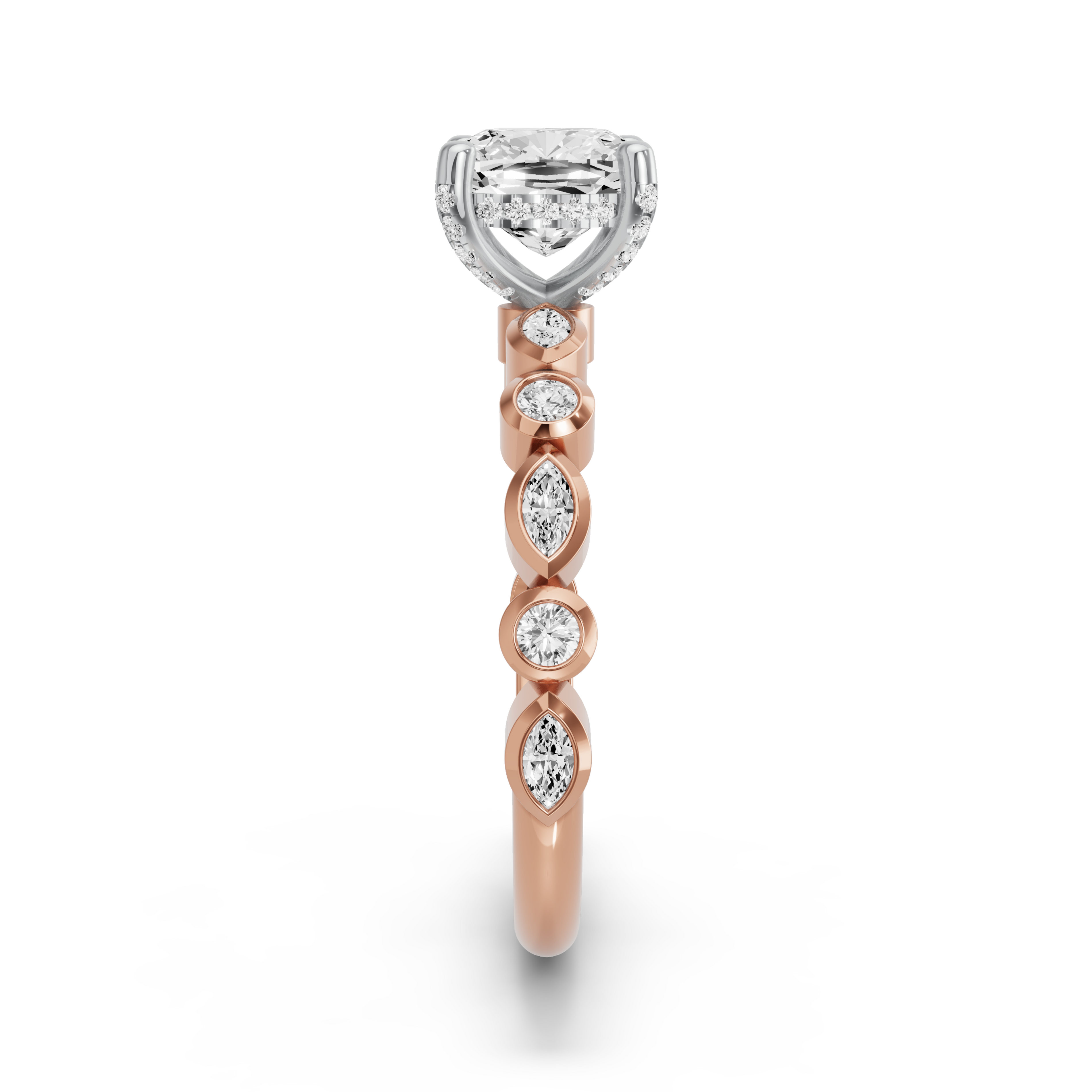 Image for Square Cushion Pave Basket Ring with Alternating Marquise band in 14K Two Tone Rose Gold
